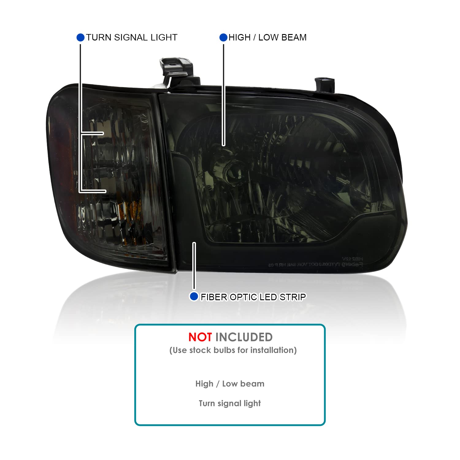 Smoke LED Tube Headlights + Corner Lights Spec-D Tuning Compatible with 2005-2006 Toyota Tundra, Left + Right Pair Headlamp Assembly