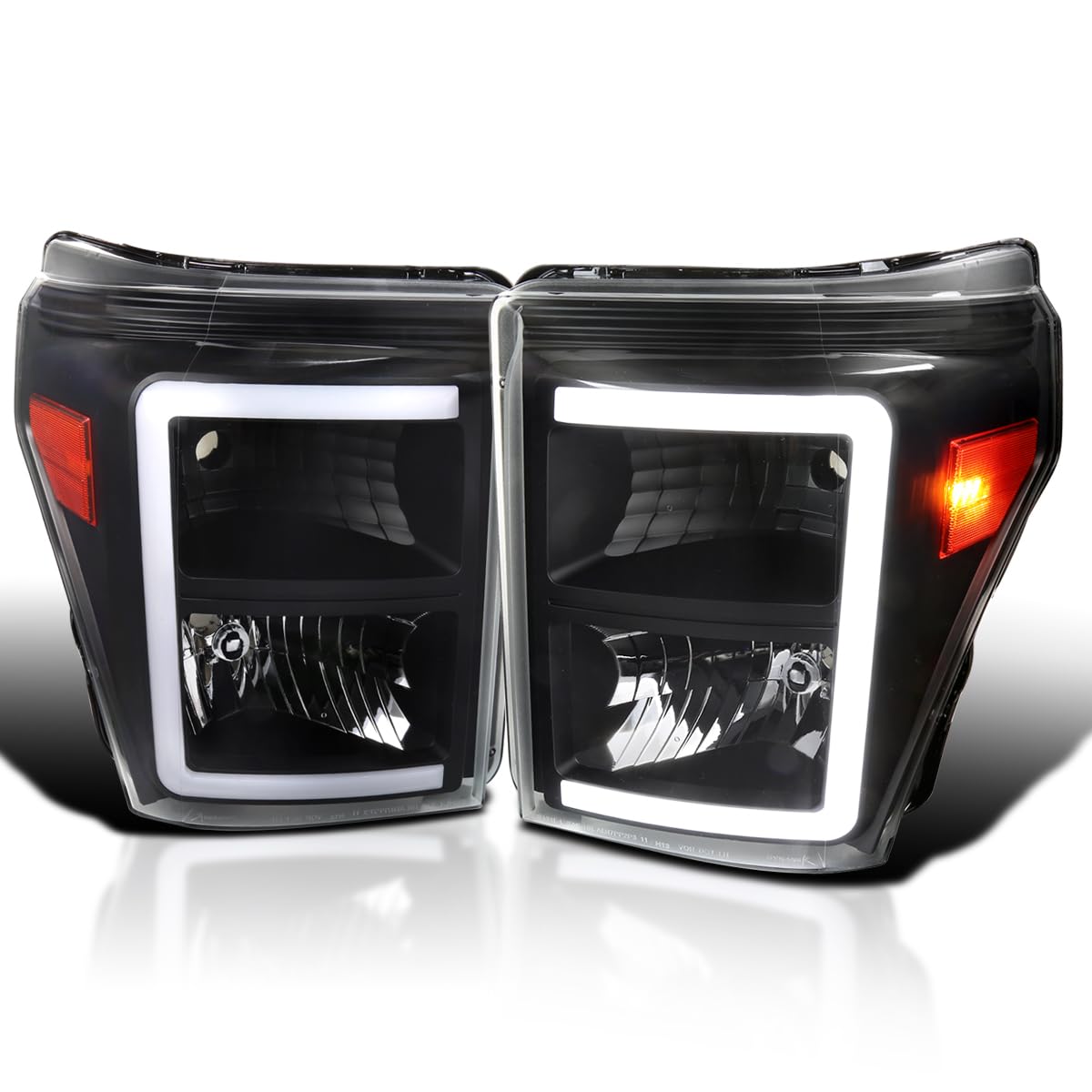 Black SPEC-D TUNING Headlights with Dynamic LED Strip Compatible with 2011-2016 Ford F-250, F-350, F-450, F-550 Super Duty, Left + Right Head Lights Assembly