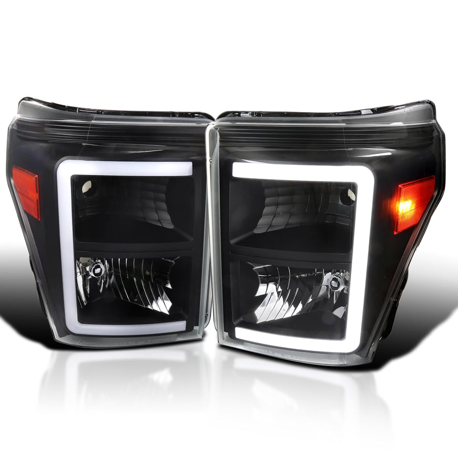 Black SPEC-D TUNING Headlights with Dynamic LED Strip Compatible with 2011-2016 Ford F-250, F-350, F-450, F-550 Super Duty, Left + Right Head Lights Assembly