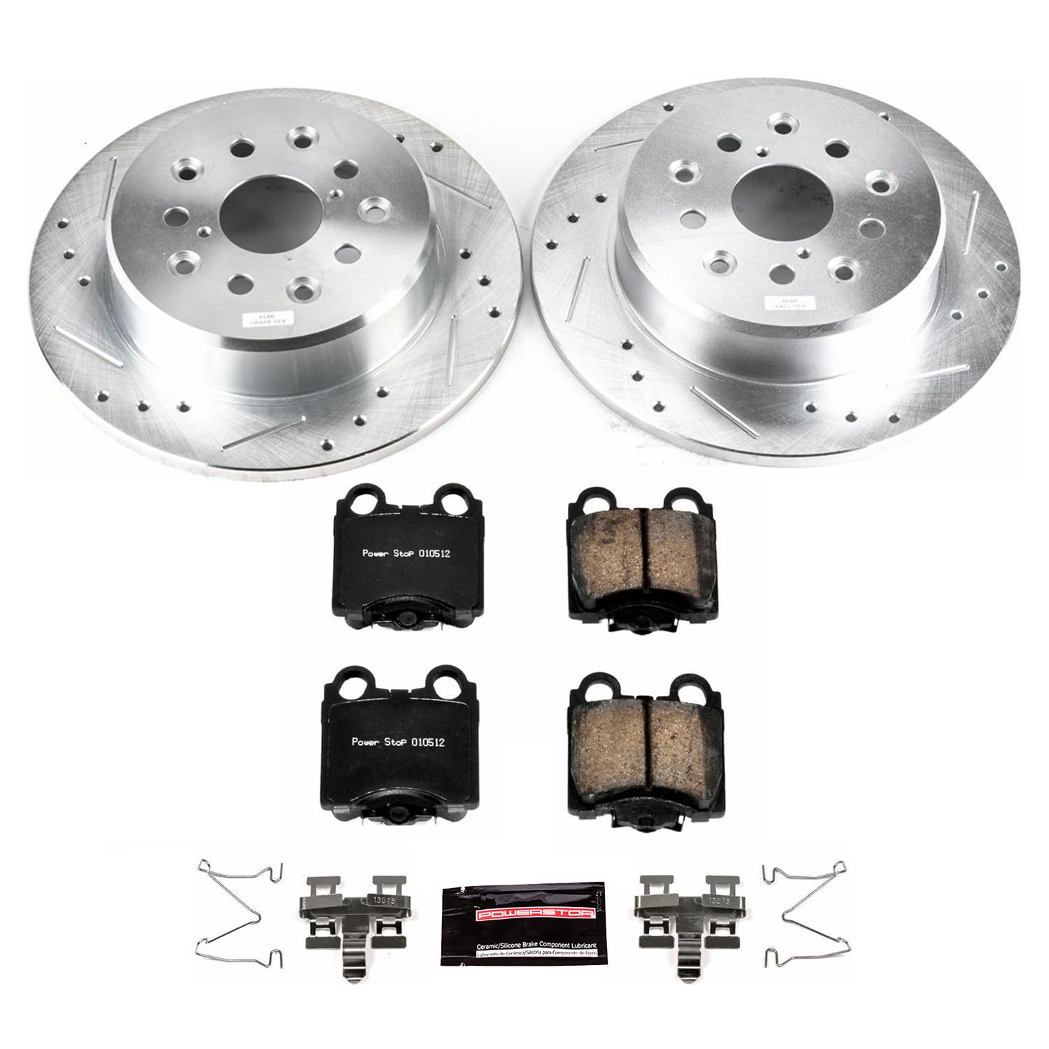 Power Stop K1149 Z23 Carbon Fiber Brake Pads Rear with Drilled & Slotted Brake Rotors Kit For Lexus GS300, Lexus GS400, Lexus GS430, Lexus IS300, Lexus SC430 [Model Specific]