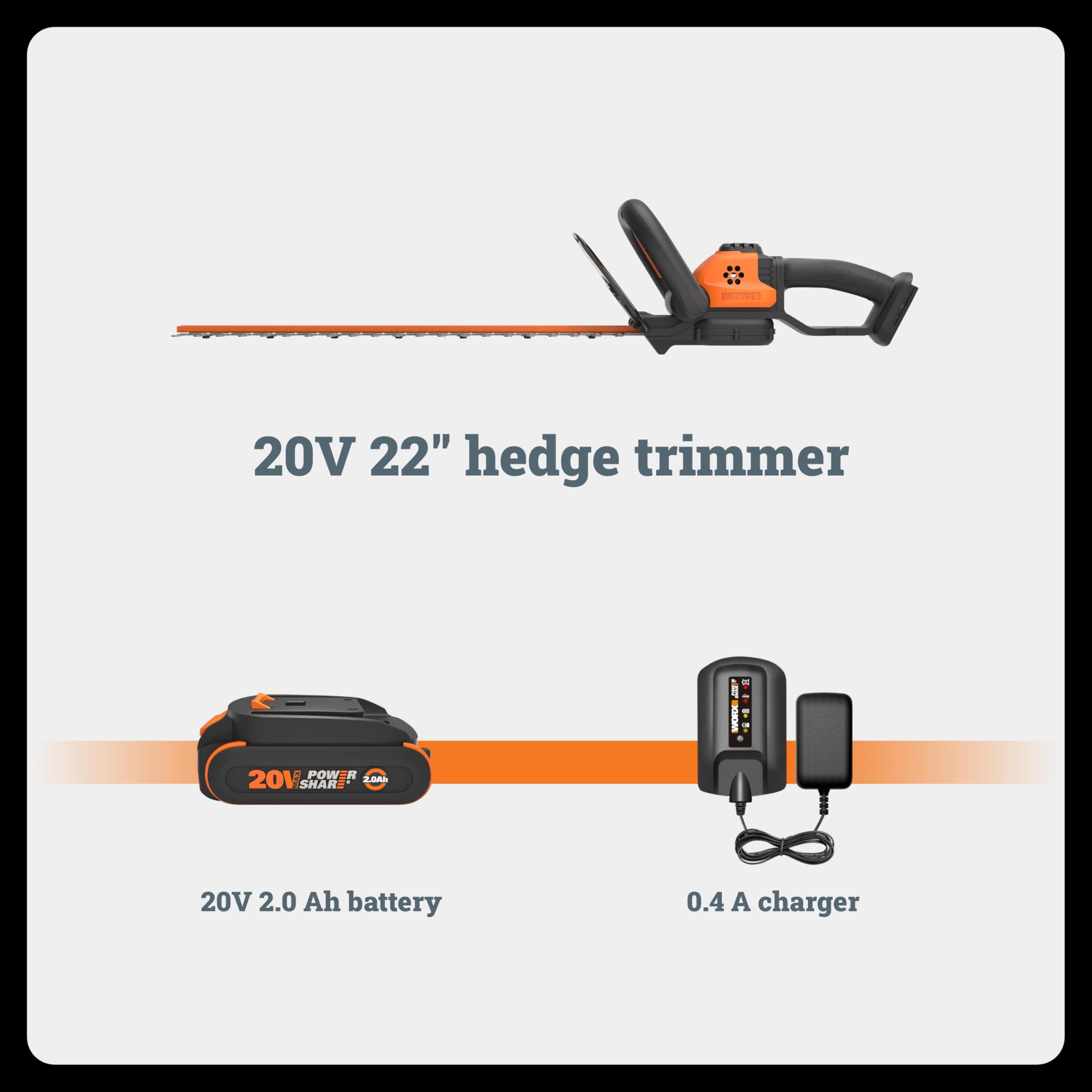 22" WORX Cordless Hedge Trimmer, Electric Hedge Trimmer with Dual-Action Blades, Lightweight Bush Trimmer with 5.5 LBS, Battery & Charger Included, WG261