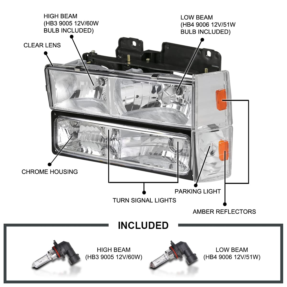 Chrome Headlights + Bumper Lights + Corner Lights SPEC-D TUNING Compatible with 1988-1993 Chevy C10 Pickup C/K 1500 2500 3500 Silverado Sierra, Left + Right Pair Headlamps Assembly