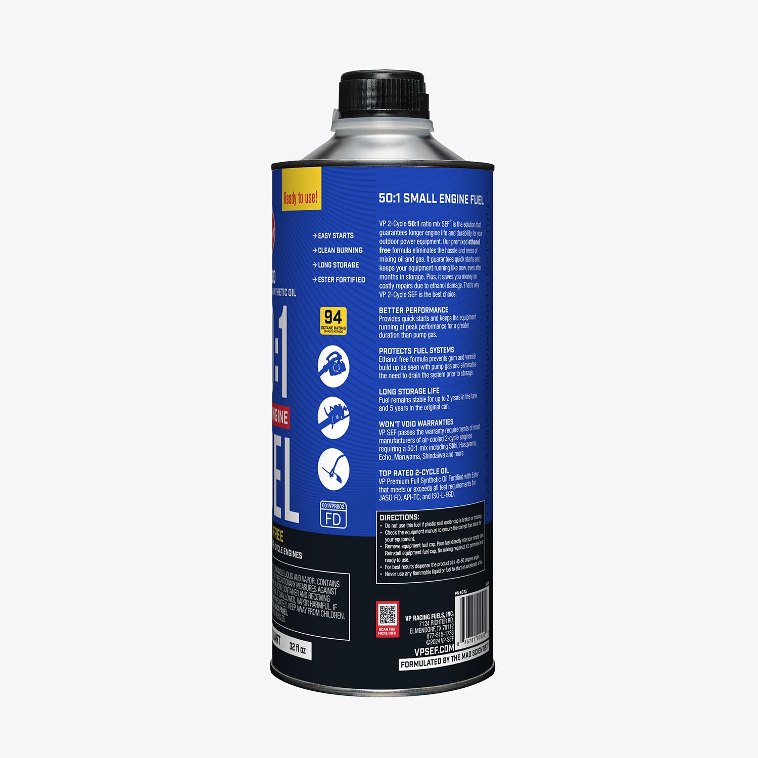 6235 VP Racing Fuels 50:1 SEF Premixed 2-Cycle Small Engine Fuel, 1 Quart
