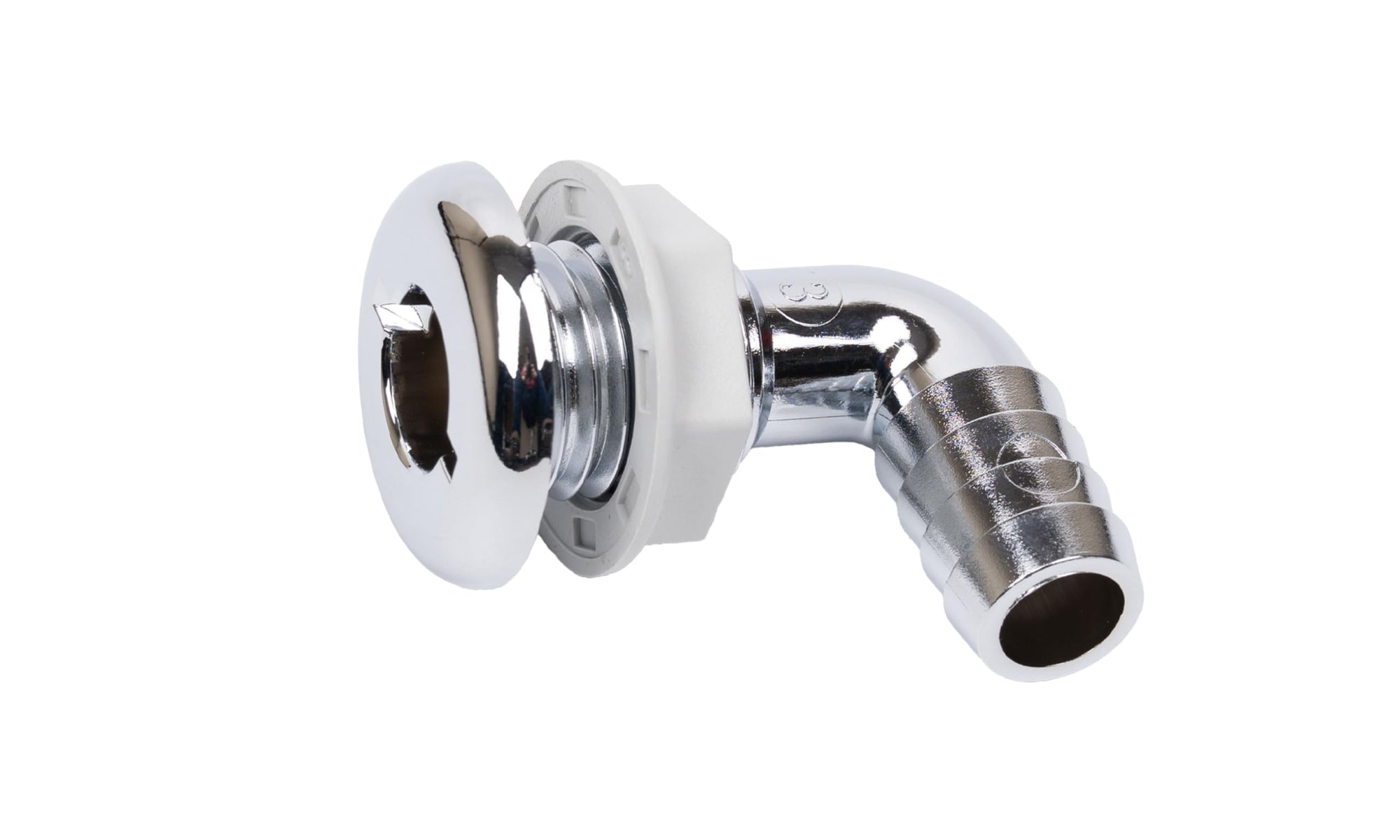 90 Degree Thru-Hull Fitting T-H Marine | 3/4" Chrome Plated Hose Barb for Durable Marine Connections | UV Stabilized Plastic for Longevity | Easy Installation for Maintenance and Replacement