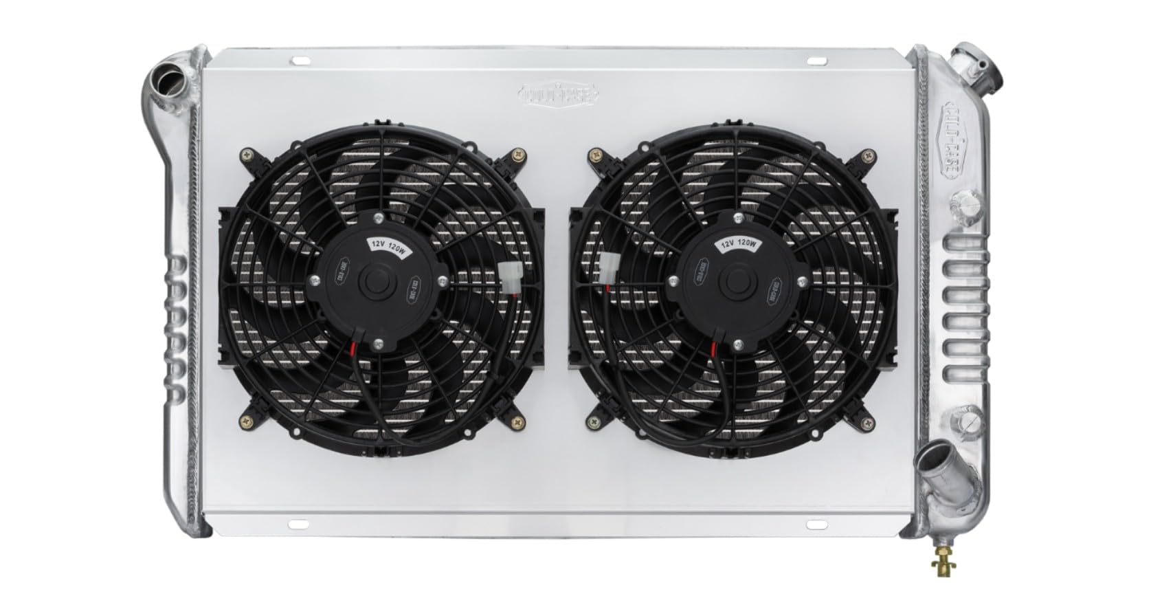 Radiator and Fan, Cold Case Radiators, 33.7 in W x 19 in H x 6.75 in D, Dual Fans, Driver Side Inlet, Passenger Side Outlet, Aluminum, Polished, compatible with Chevy Corvette 1977-82, Kit
