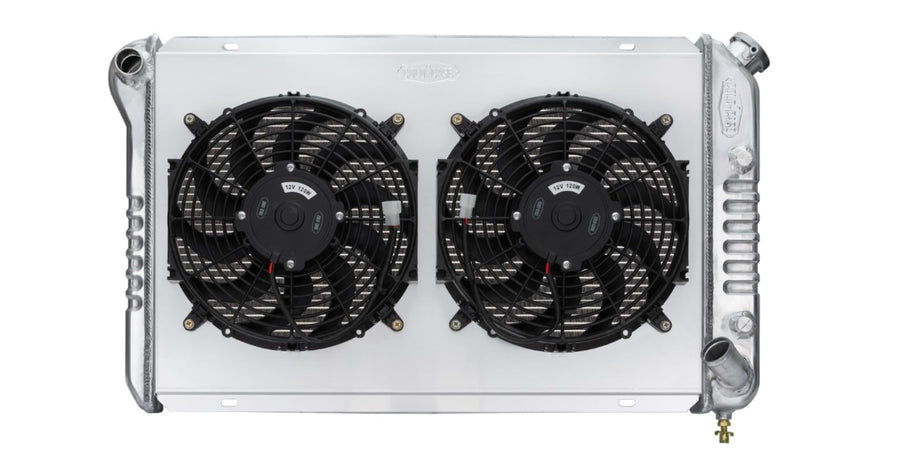 Radiator and Fan, Cold Case Radiators, 33.7 in W x 19 in H x 6.75 in D, Dual Fans, Driver Side Inlet, Passenger Side Outlet, Aluminum, Polished, compatible with Chevy Corvette 1977-82, Kit