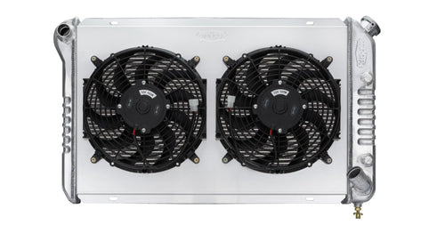 Radiator and Fan, Cold Case Radiators, 33.7 in W x 19 in H x 6.75 in D, Dual Fans, Driver Side Inlet, Passenger Side Outlet, Aluminum, Polished, compatible with Chevy Corvette 1977-82, Kit