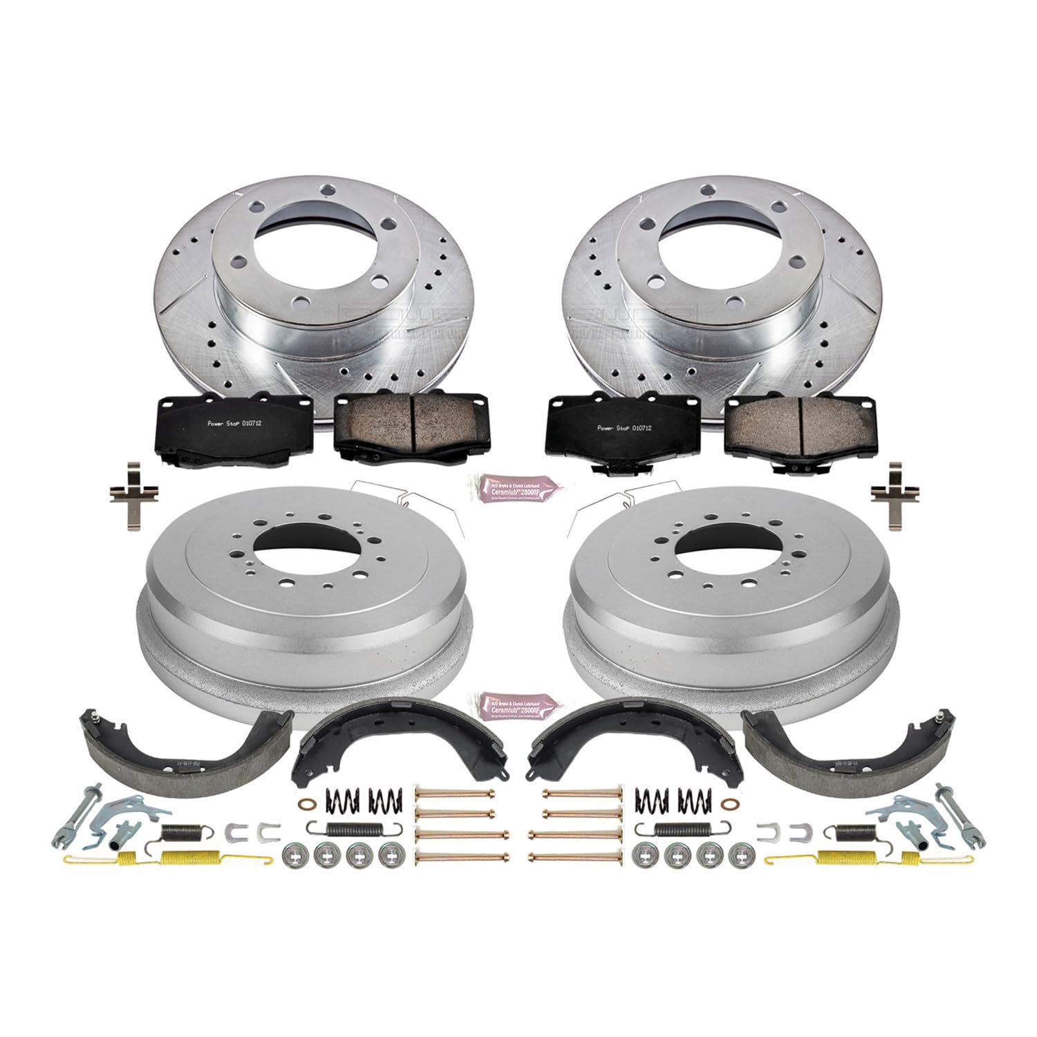 Power Stop K15095DK Z23 Carbon Fiber Brake Pads Front and Rear with Drilled & Slotted Brake Drums Kit For Toyota 4Runner 1995-2000 [Model Specific]