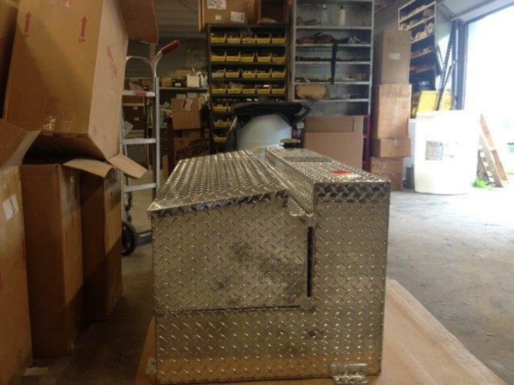 TrailFX Liquid Transfer Tank and Truck Utility Chest Combo, 75 Gallon Diesel/Water Diamond Plate Aluminum 27" L 48" W 24" H Tank 7.5 Cubic Foot 18" L 48" W 15" H Tool Chest Lockable Cap