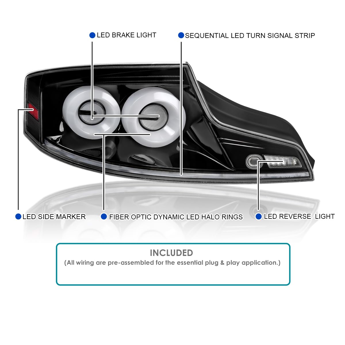 Full LED Tail Lights SPEC-D TUNING w/White Fiber Optic Halo Ring, Sequential Turn Signal, and Startup Animation Compatible with 2003-2007 Infiniti G35, Left + Right Pair Assembly