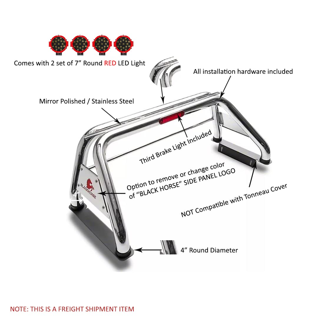 Roll Bar Black Horse Classic Incl. Set of 5.3" Dia.LED Lights w/Red Trim Rings Stainless Steel Compatible with 19-24 Ram 1500 Excludes Classic models-RB002SS-PLFR
