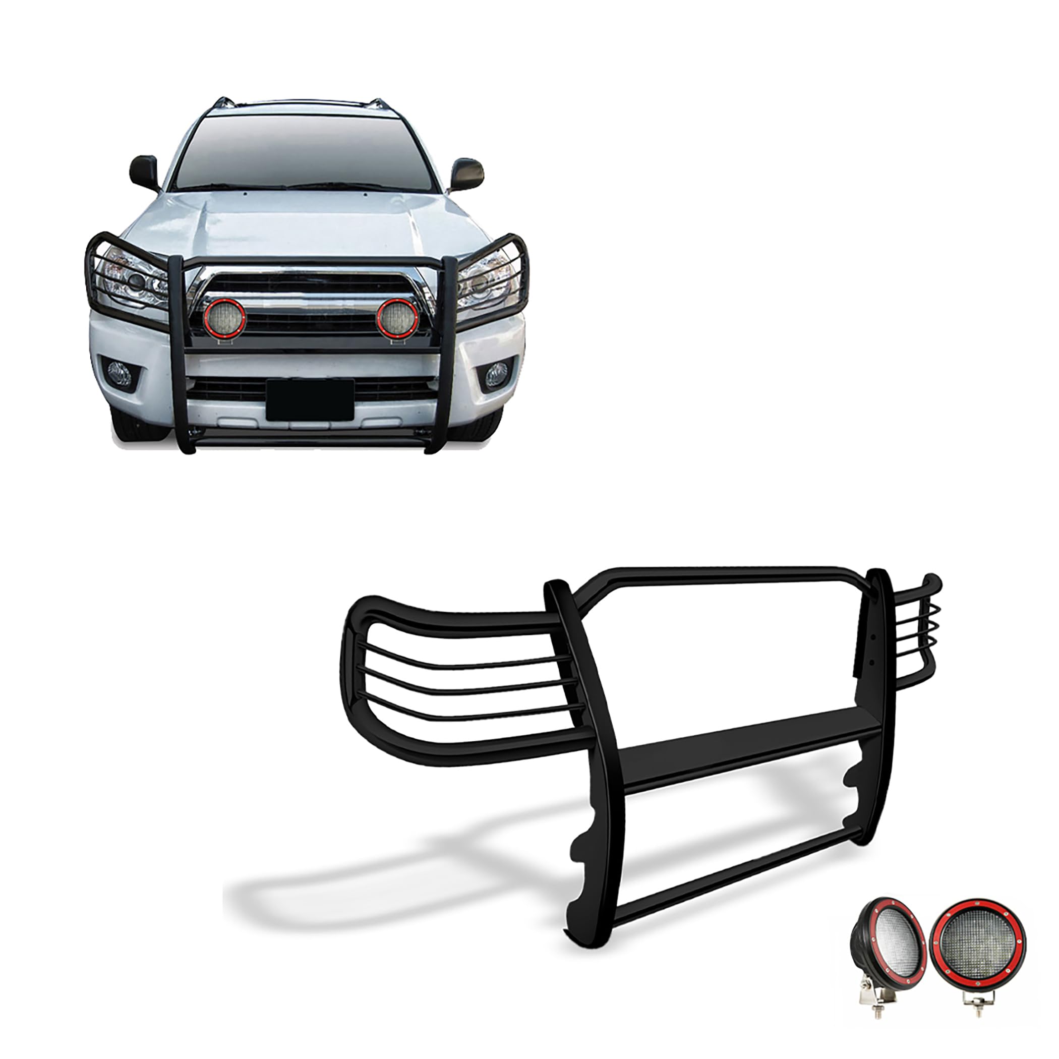Bumper Guard Modular Black Black Horse Grille brush Come With Pair of 5.3" Dia.LED Lights with Red Trim Rings Compatible with 2003-2009 Lexus GX470|2003-2009 Toyota 4Runner-17TU26MA-PLFR