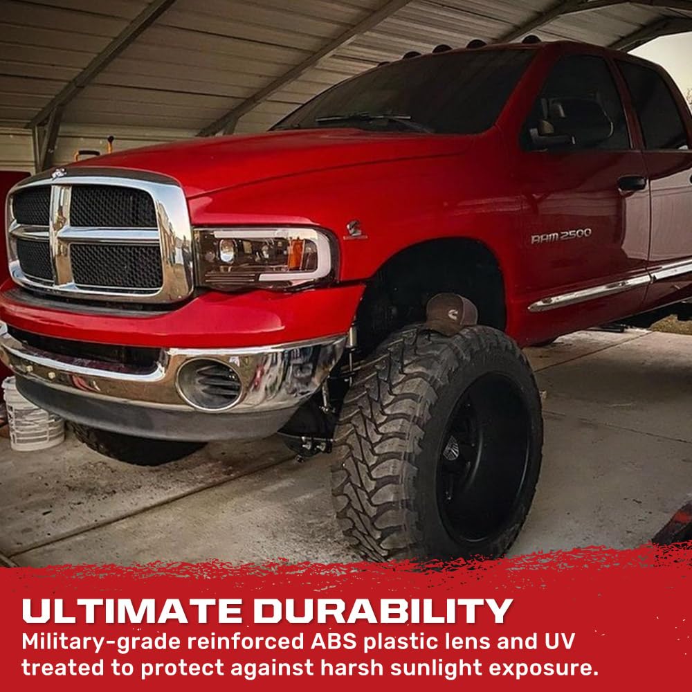 RECON - Premium Ultra Bright Projector Headlights Fits 2002-2005 Dodge RAM (1500, 2500, 3500) OLED Halos & DRL - Smoked Lens