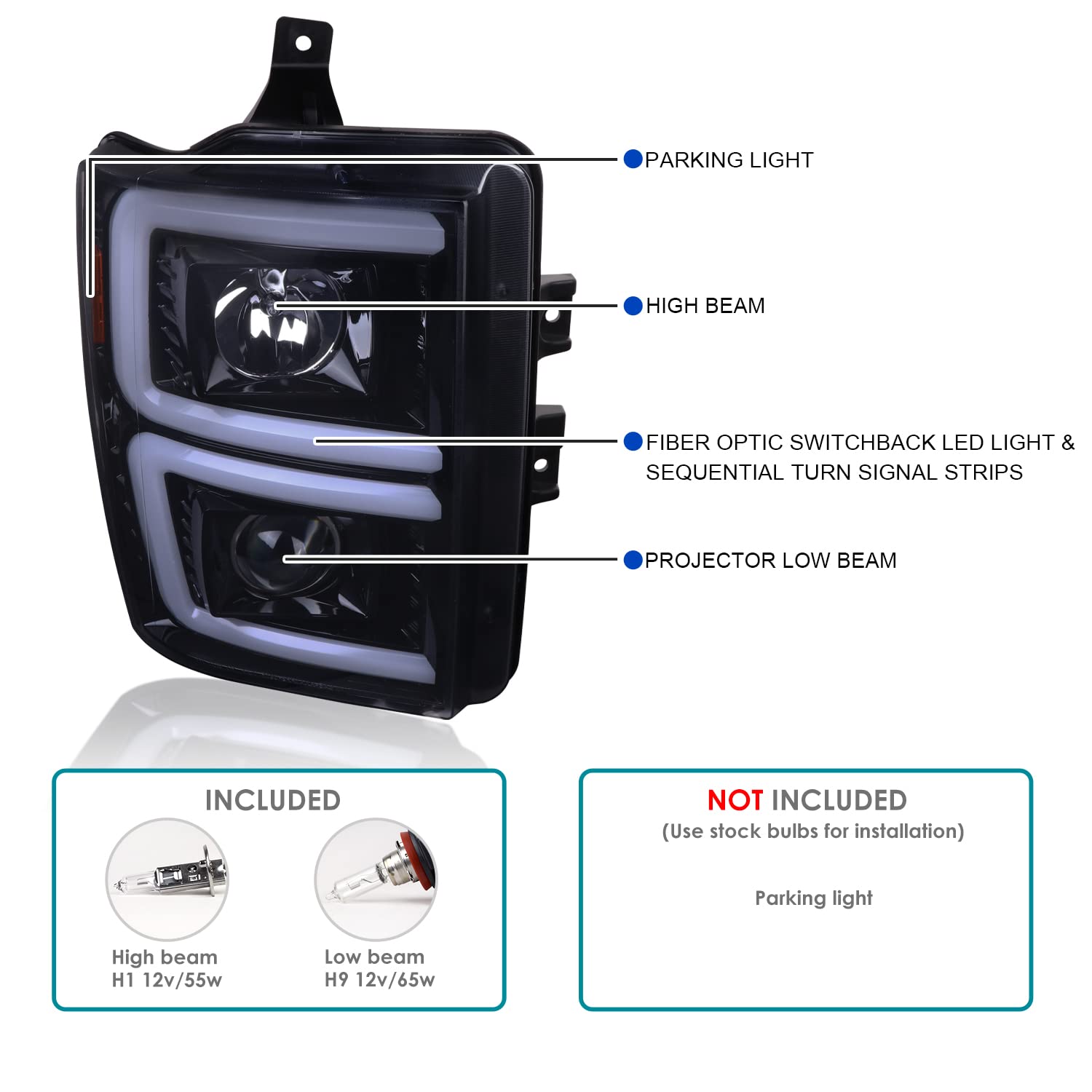 Glossy Black Smoke SPEC-D TUNING Sequential Switchback Projector Headlights Compatible with 2008-2010 Ford F-250, F-350, F-450