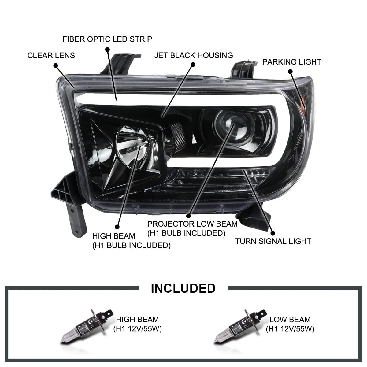 Jet Black SPEC-D TUNING Projector Headlights w/LED Light Bar Compatible with 2007-2013 Toyota Tundra, 2008-2017 Toyota Sequoia, Left + Right Pair Headlamps Assembly
