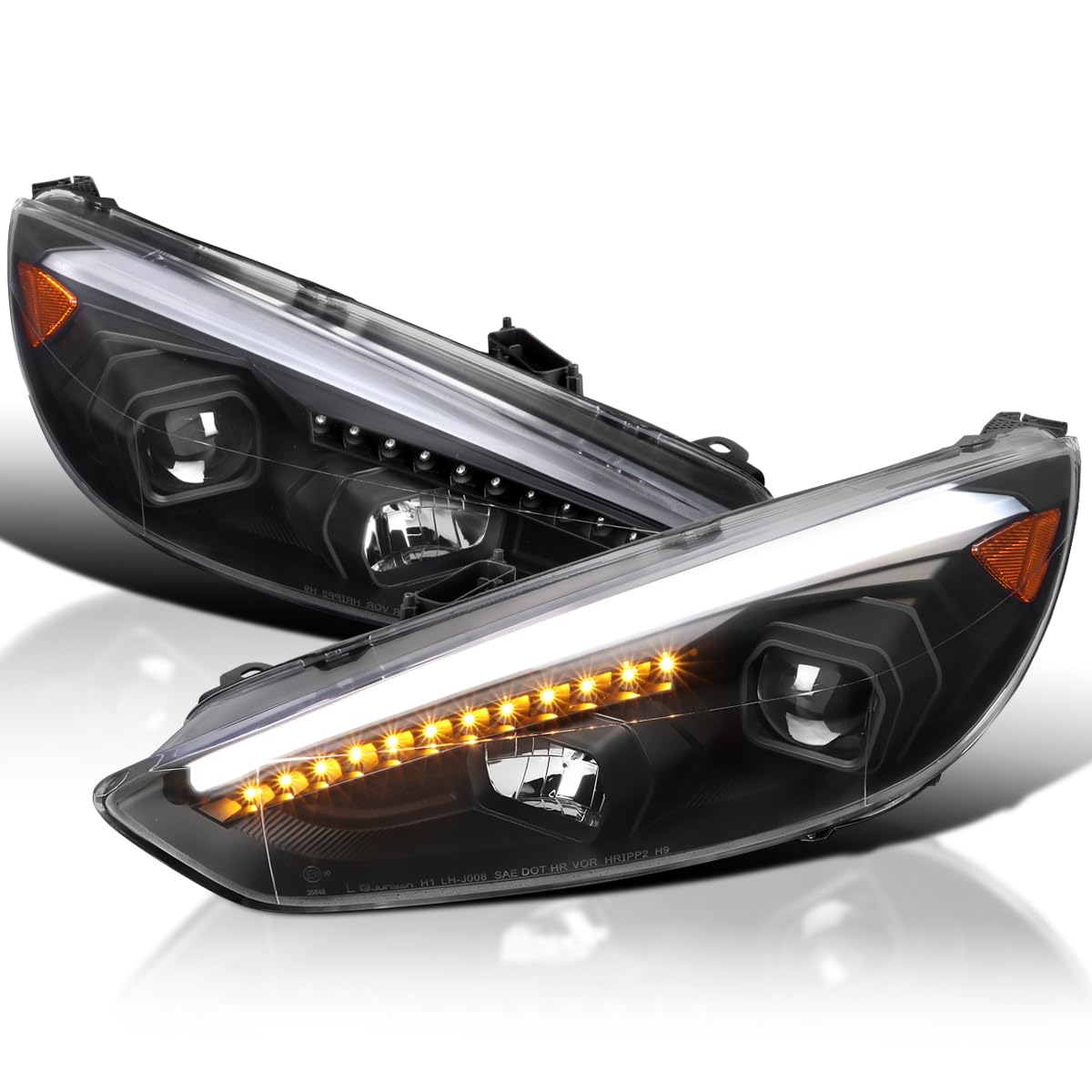 Black SPEC-D TUNING Projector Headlights w/Sequential LED Signal Tube Compatible with 2015-2018 Ford Focus, Left + Right Pair Headlamps Assembly