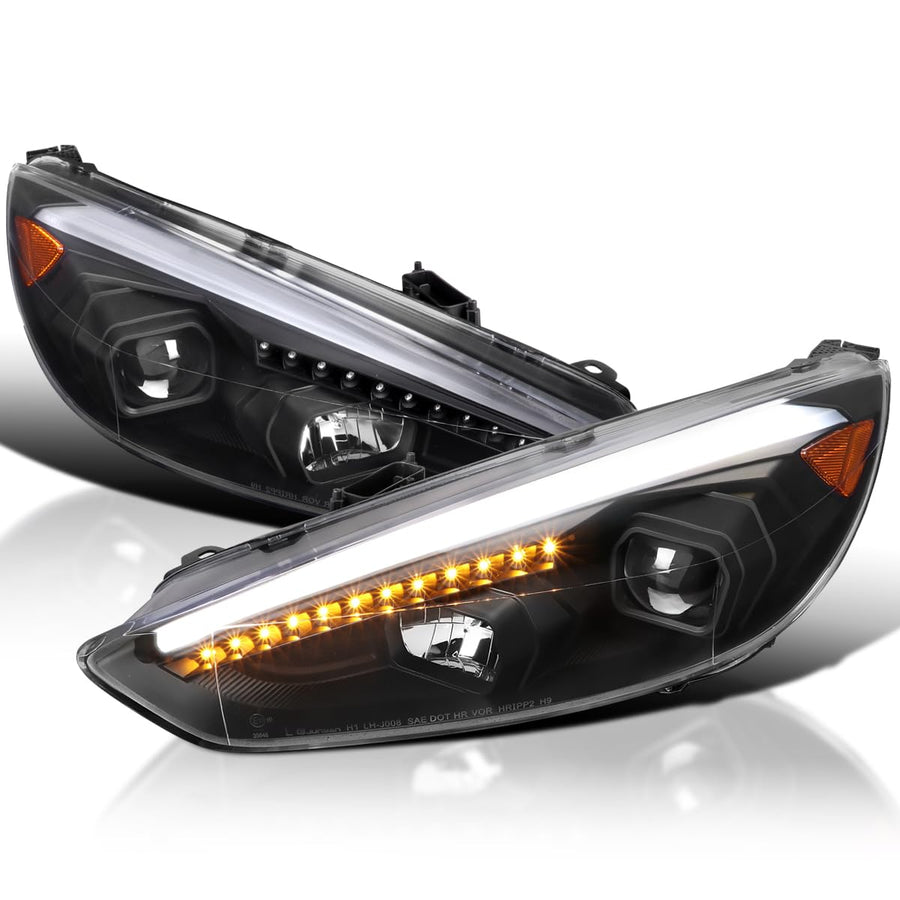 Black SPEC-D TUNING Projector Headlights w/Sequential LED Signal Tube Compatible with 2015-2018 Ford Focus, Left + Right Pair Headlamps Assembly