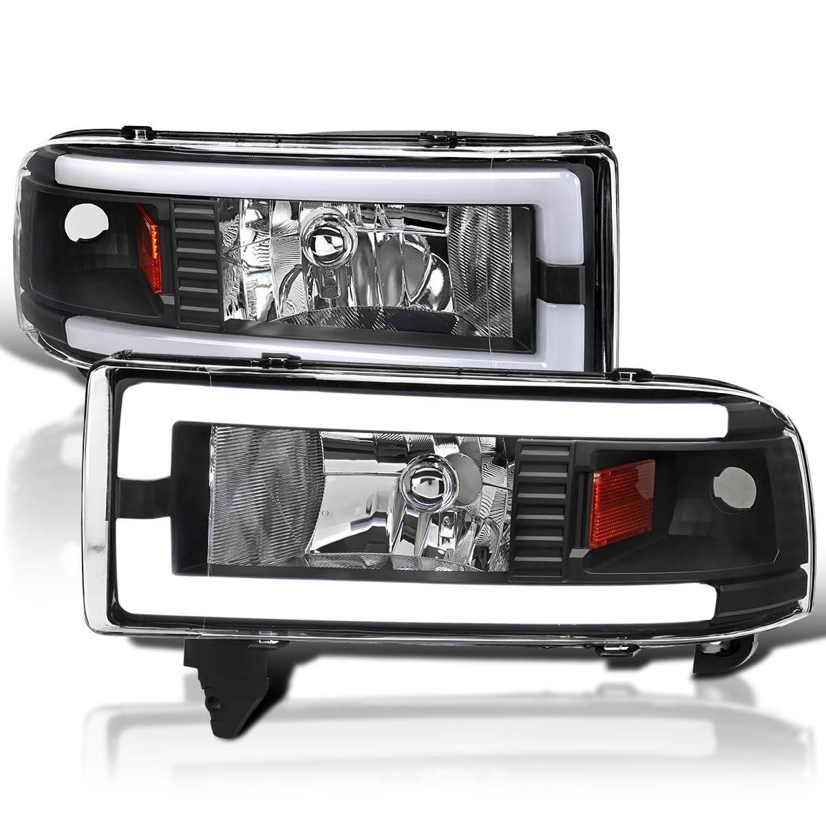 Black Headlights w/LED Tube SPEC-D TUNING Compatible with 1994-2001 Dodge Ram 1500, 2500, 3500, Left + Right Pair Headlamps Assembly