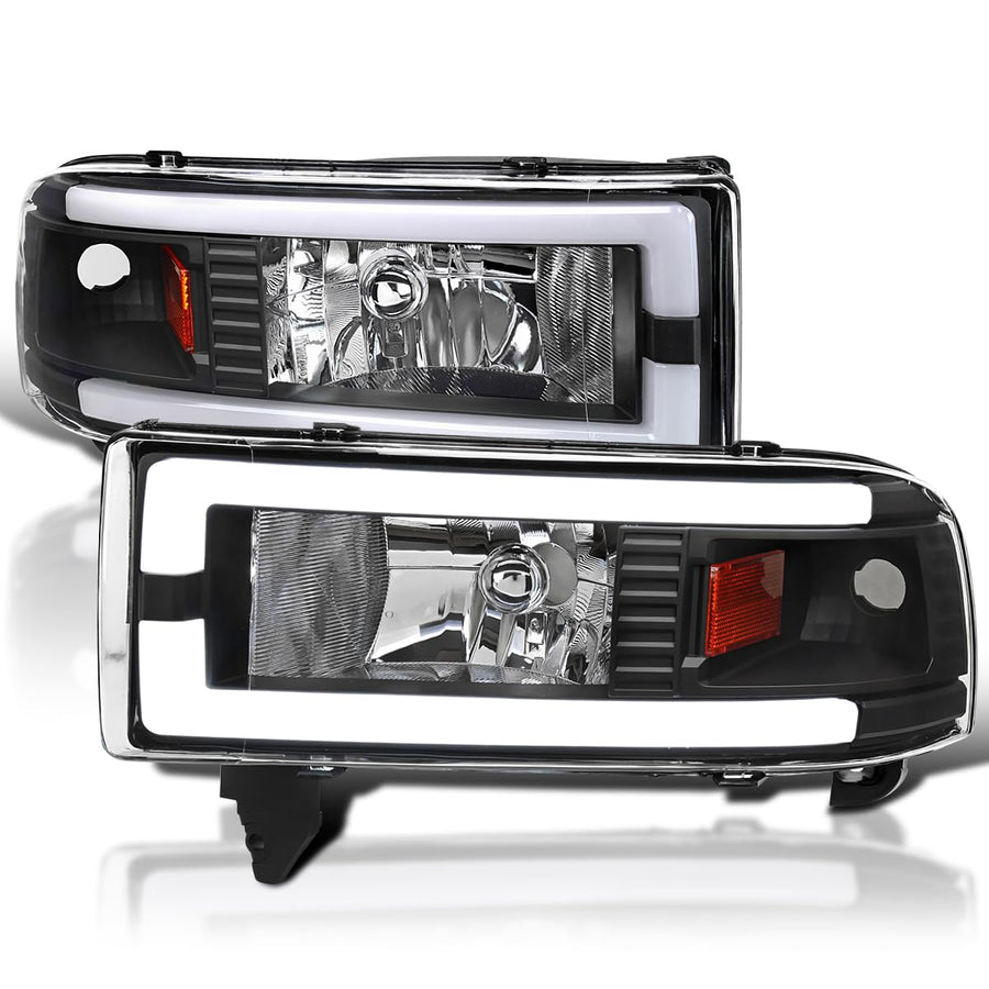 Black Headlights w/LED Tube SPEC-D TUNING Compatible with 1994-2001 Dodge Ram 1500, 2500, 3500, Left + Right Pair Headlamps Assembly