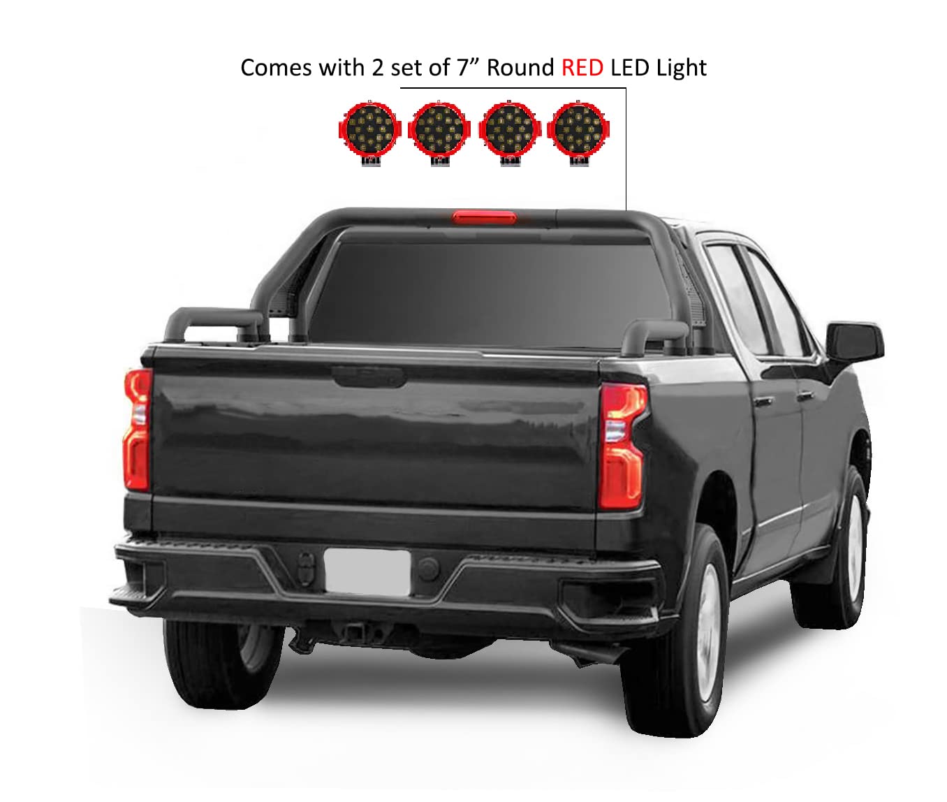 Gladiator Roll Bar Black Horse Incl. Pair of 7.0" Dia. Led Lights w/Red Trim Rings Modular Black Compatible with Universal Roll Bar for 1/2 Ton Trucks (GM-Ford-Dodge- Tundra) -GLRB-01B-PLR