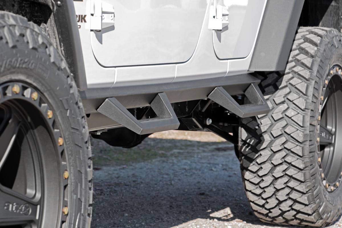 Rough Country Drop Steps Contoured for Jeep Wrangler JK (2007-2018) 4-Door - Flush Fit Rails with Side Steps