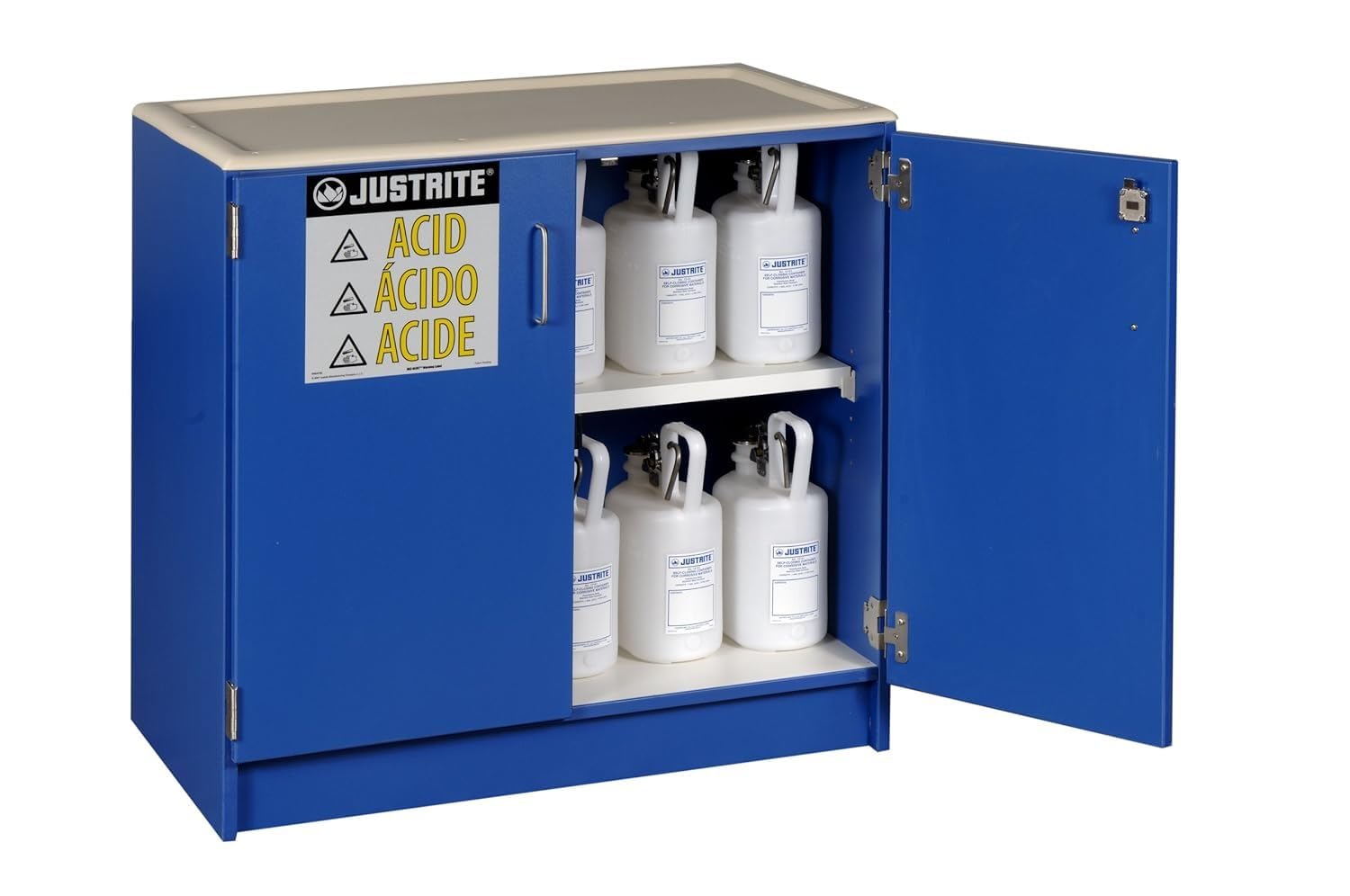 Justrite 24140 36-2 1/2 Liter Bottles, 36" x 36" x 22", Two Lockable Sliding Doors, One Shelf Corrosive Storage Non-Metallic Cabinets