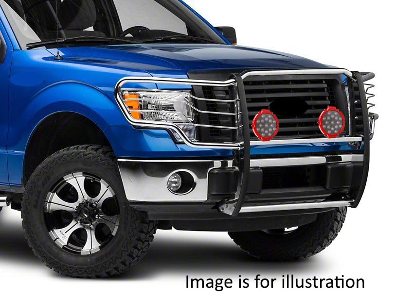 Bumper Guard Black Horse Grille brush Modular Stainless Steel Come With pair of 7.0"Dia.LED Lights with Red Trim Rings Compatible with 2015-2024 Ford F-150-17FP32MSS-PLR