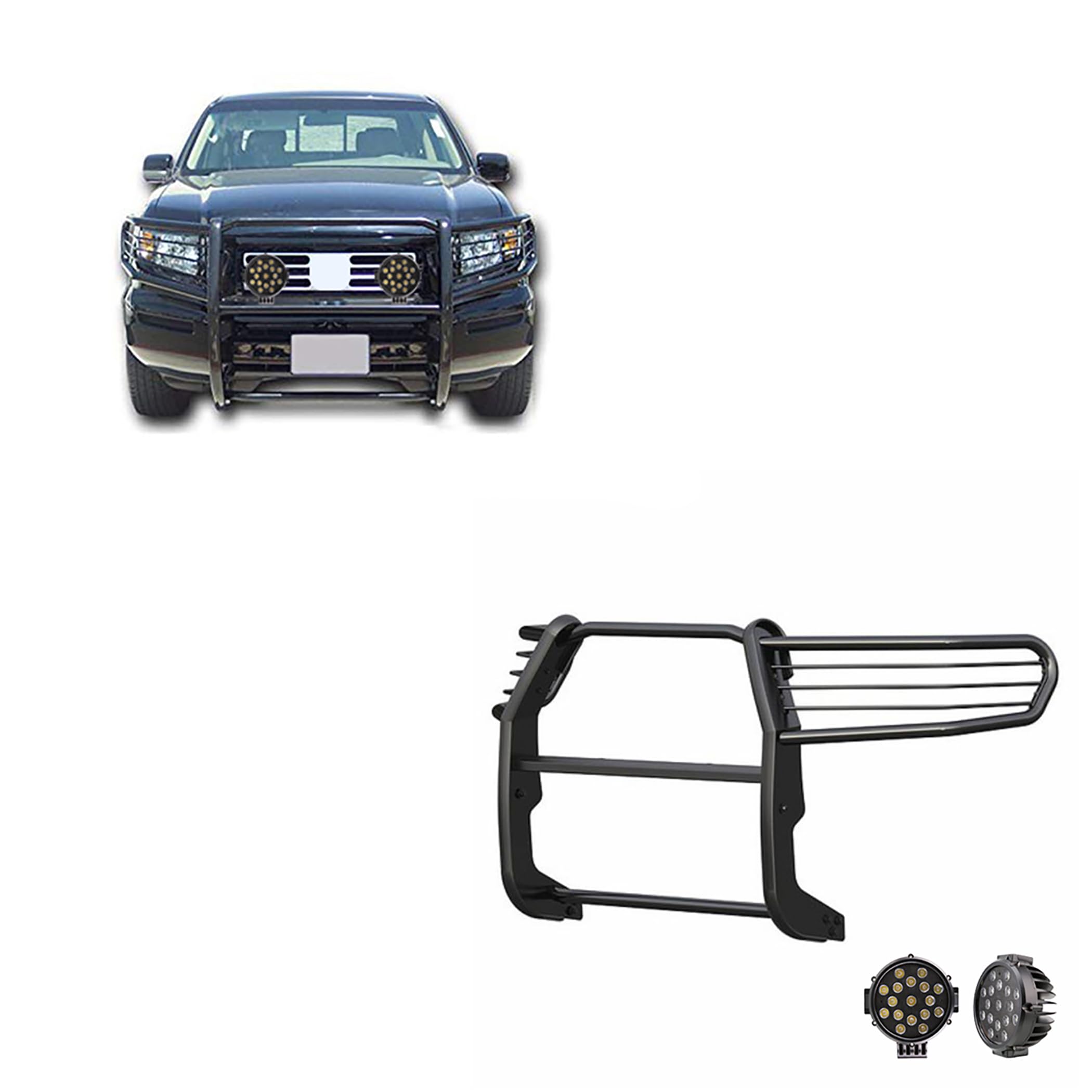 Grille Brush Black Horse Bumper Guard Modular Black Come with Pair of 7.0" Dia.LED Lights with Black Trim Rings Compatible with 2006-2014 Honda Ridgeline-17A152500A1MA-PLB