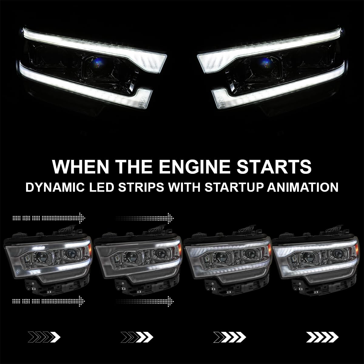 Dual Projector Headlights SPEC-D TUNING w/Sequential LED Turn Signal and Startup Animation Compatible with 2019-2024 Dodge Ram 2500, 3500, 4500, Left + Right Pair Headlamps Assembly