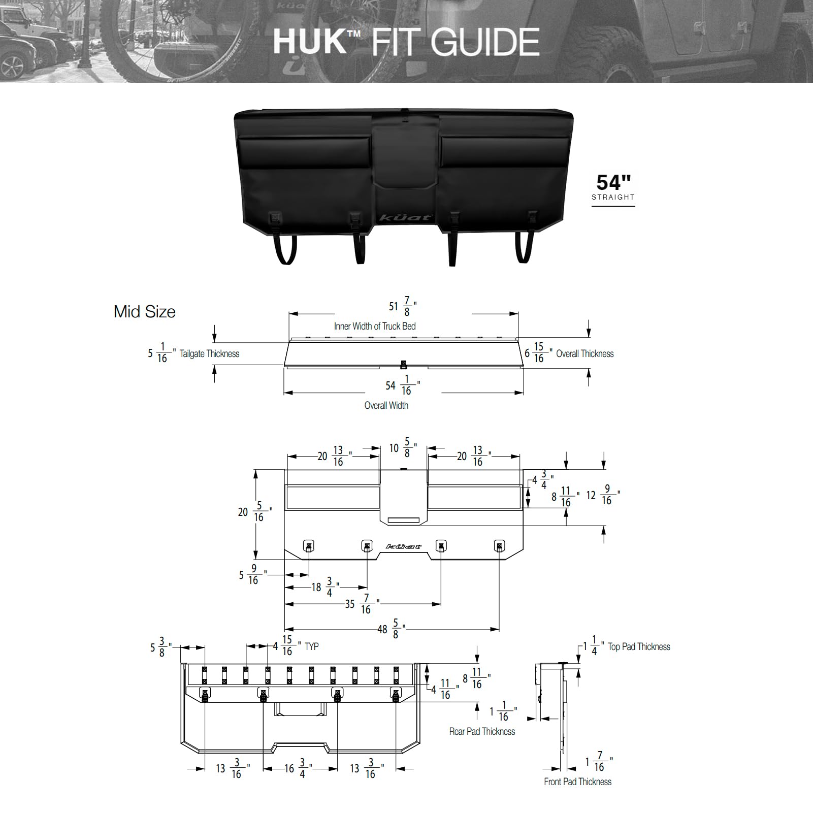 KUAT 54" HUK Straight Durable Soft-Touch TPU Padded Pickup Truck Tailgate Bike Hauling Transportation Easy-Access Protective Pad w/Nylon Straps, Metal G-Hook Buckles & Roll-Up Window, Black