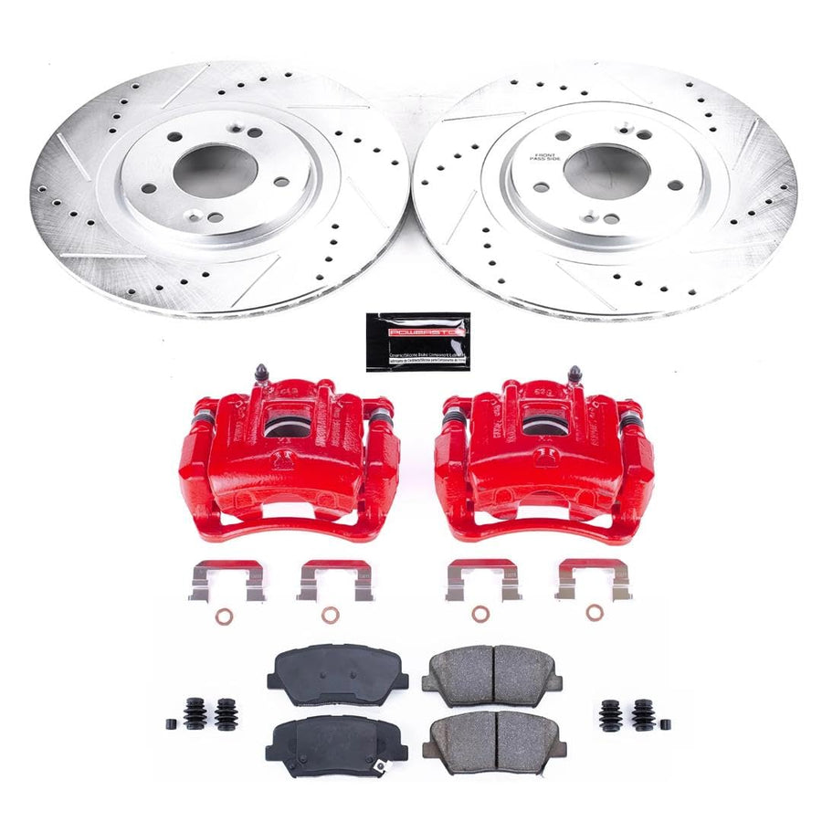 Power Stop KC7064 Brake Kit Front with Drilled and Slotted Brake Rotors, Carbon Ceramic Brake Pads and Calipers For 2013 2014 2015 2016 Hyundai Santa Fe | 2014-2020 Kia Sorento