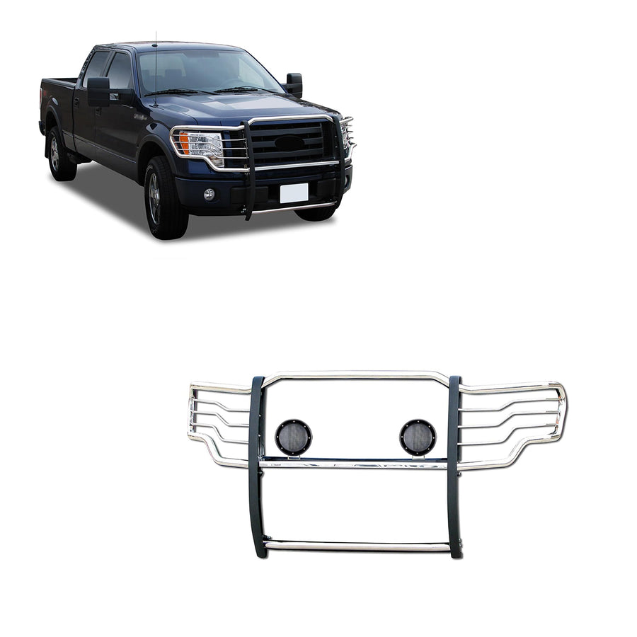 Bumper Guard Black Horse Grille Brush Modular Stainless Steel Come with Pair of 5.3" Dia.LED Lights with Black Trim Rings Compatible with 2009-2014 Ford F-150-17FP30MSS-PLFB