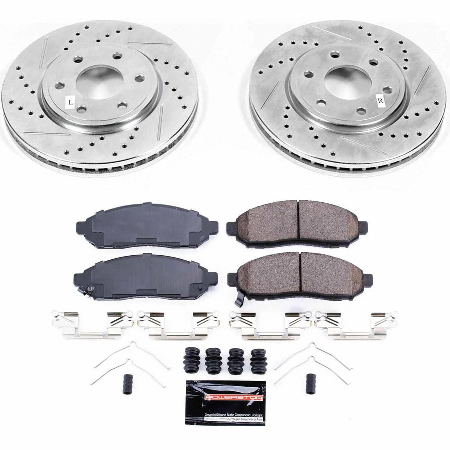 Power Stop K8324 Z23 Carbon Fiber Brake Pads Front with Drilled & Slotted Brake Rotors Kit For Nissan Frontier 2016-2019 [Model Specific]
