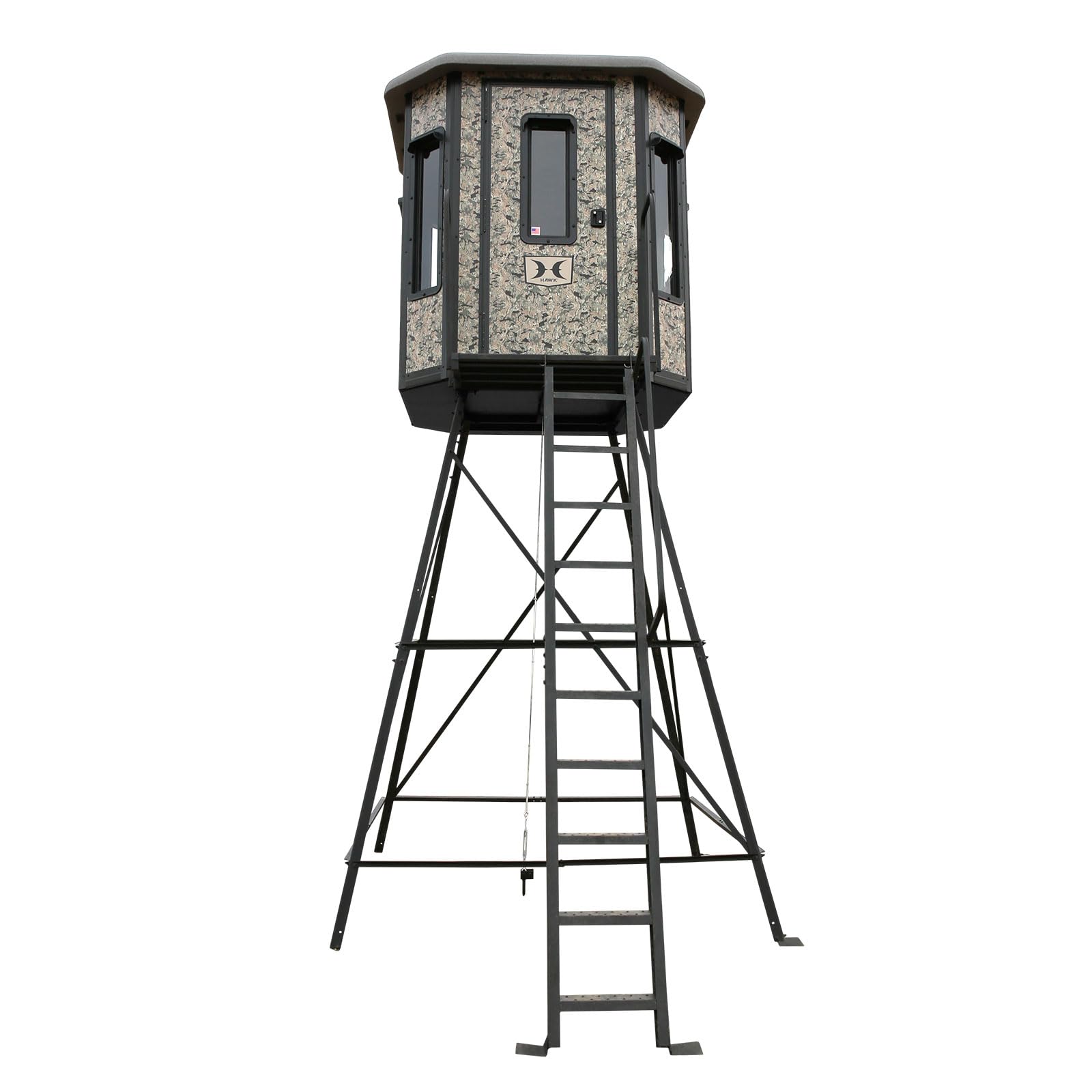 Hawk 6.55' W x 6.5' D x 6.5' T Assembled Office Hunting Insulated Steel Box Blind | Floor with Rubber Pad and Multiple One-Hand-Operable Windows | Blind w/ 10ft Elite Tower