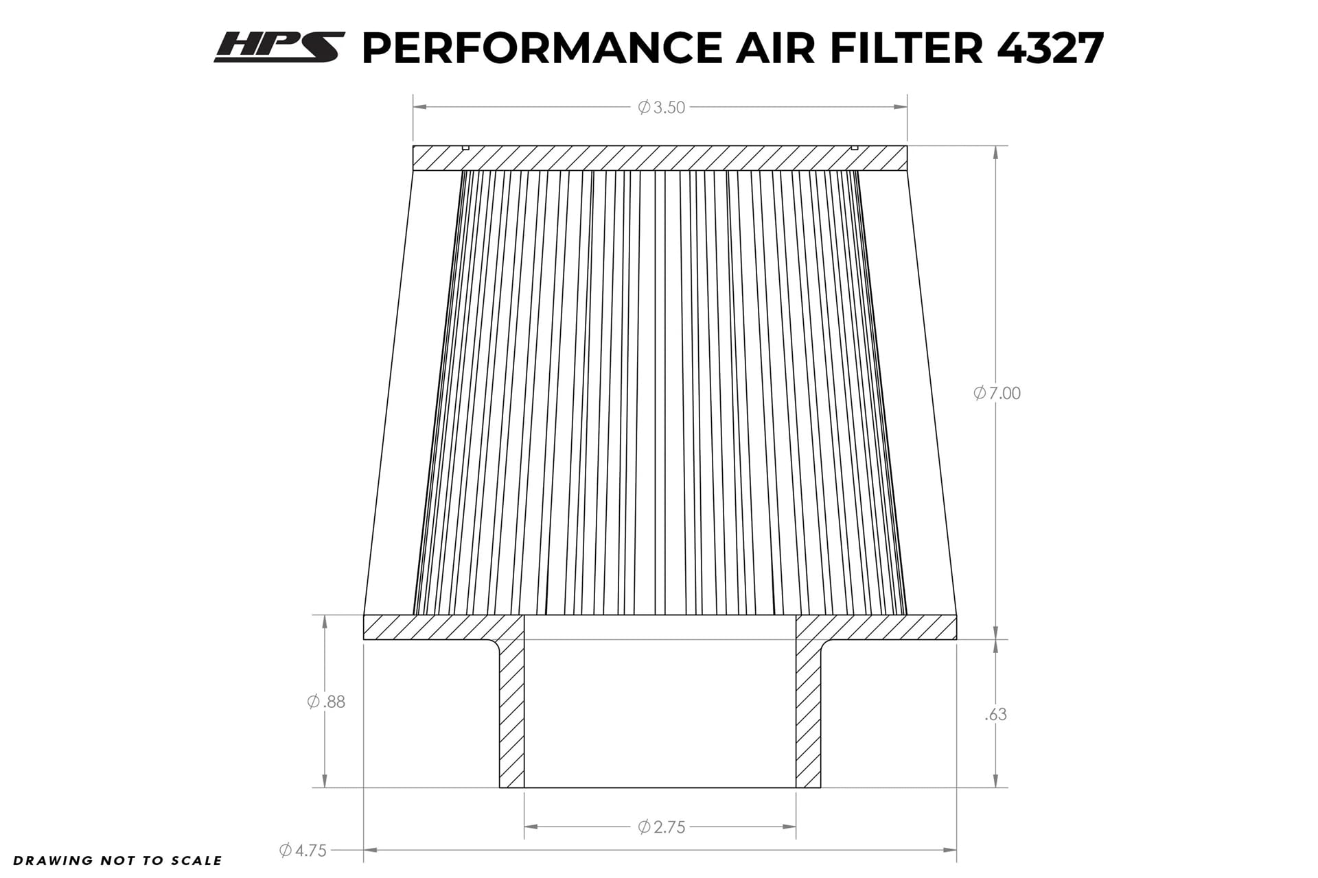 HPS Performance Air Filter 7" Element Length, 2.75" ID, 7.62" Overall Length, Gray, HPS-4327