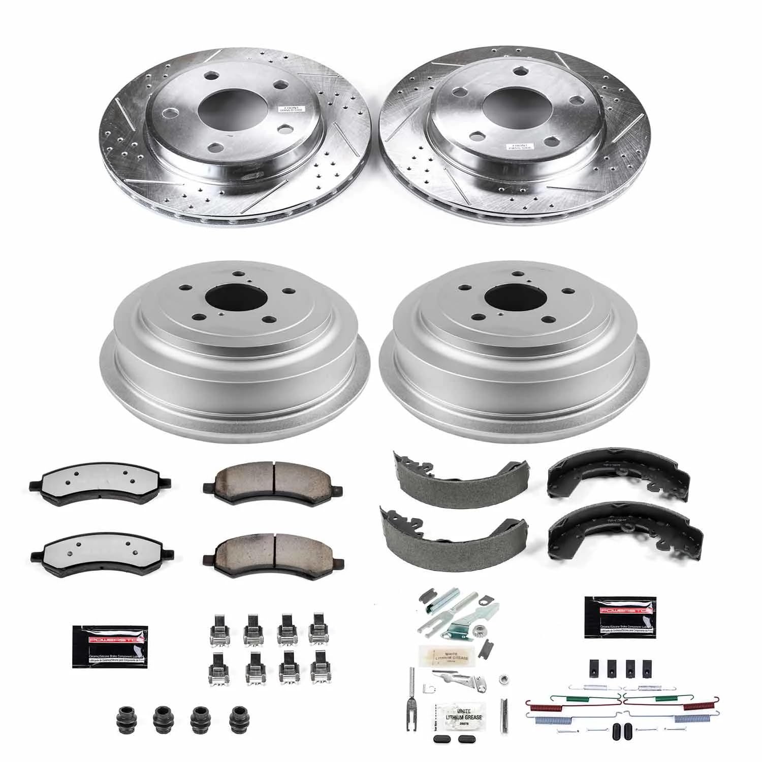 Power Stop Brake Kit Front and Rear For 2005 2006 2007 2008 2009 2010 Dodge Dakota - Truck & Tow Carbon Fiber Ceramic Pads, Drums, & Drilled and Slotted Rotors Replacement, K15254DK-36