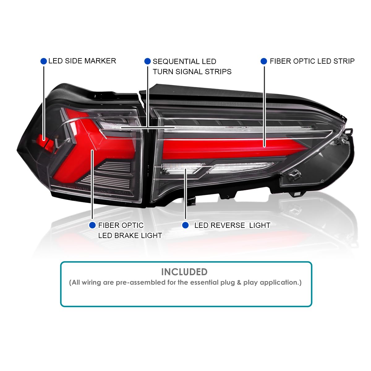 Black LED Sequential Tail Lights w/Red Bar SPEC-D TUNING Compatible with 2019-2023 Toyota RAV4, Left + Right Pair Assembly