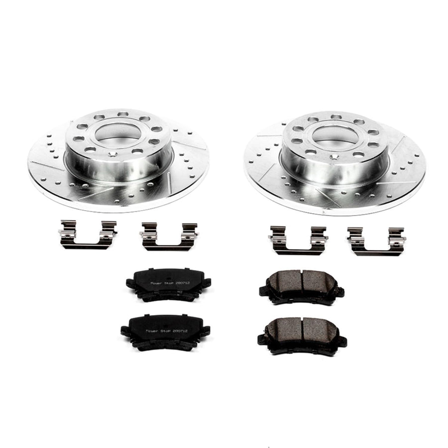 Power Stop K4627 Z23 Carbon Fiber Brake Pads Rear with Drilled & Slotted Brake Rotors Kit For Audi A3 2008, Volkswagen Jetta 2005-2010, Volkswagen Rabbit 2006-2009 [Model Specific]