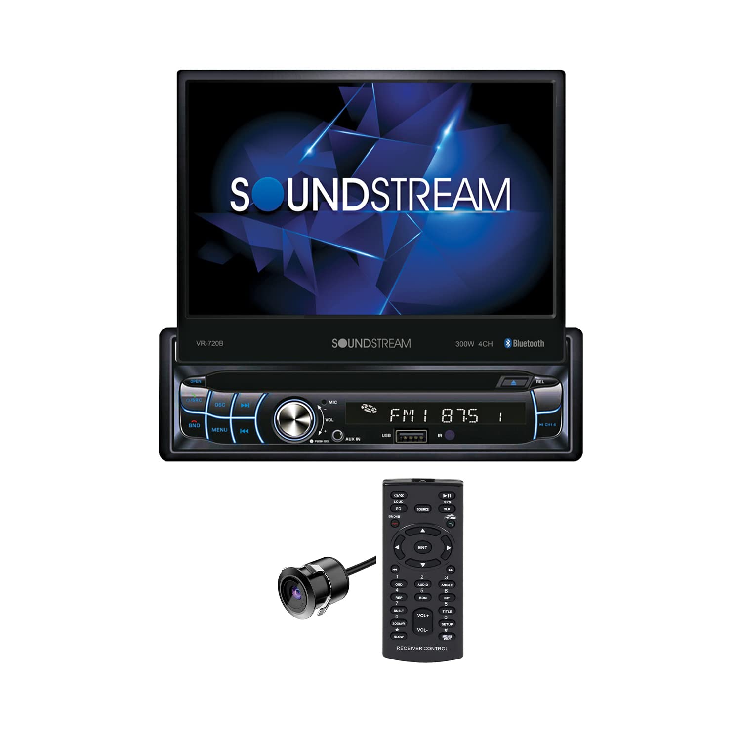 Single DIN SoundStream VR-720B Car Stereo DVD/CD Bluetooth Multimedia Player with Motorized 7 Inch Flip Up Touchscreen and Built in Amplifier
