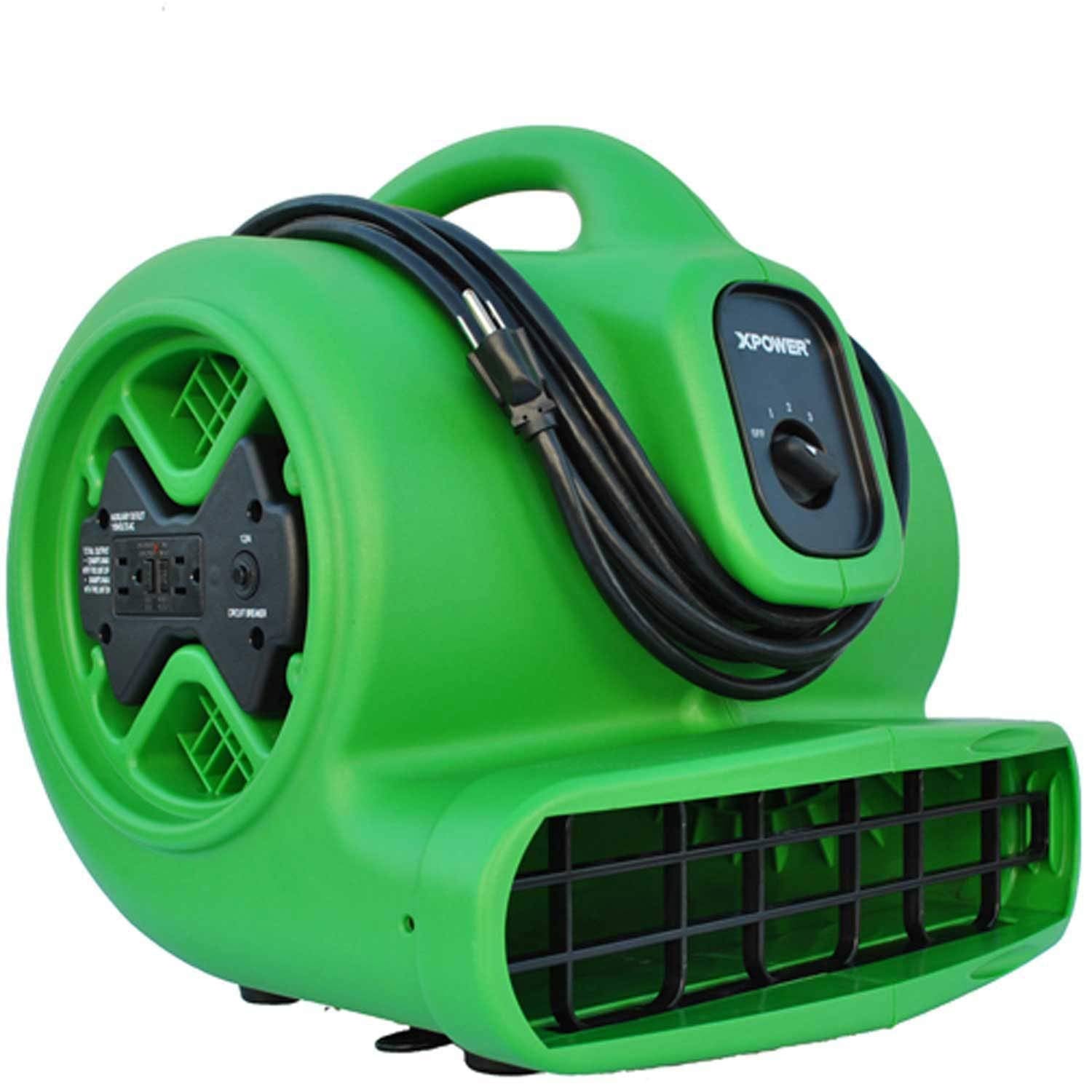 XPOWER 1/3 HP X-600A 2400 CFM 3 Speed Air Mover, Carpet Dryer, Floor Fan, Blower with Build-in GFCI Power Outlets - Green