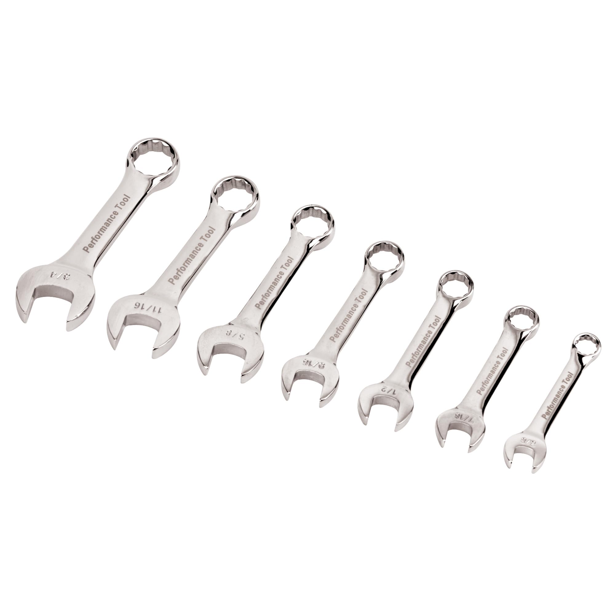 W30507 Performance Tool SAE Full Polish Stubby Wrench, 7-Piece, 1-Pack