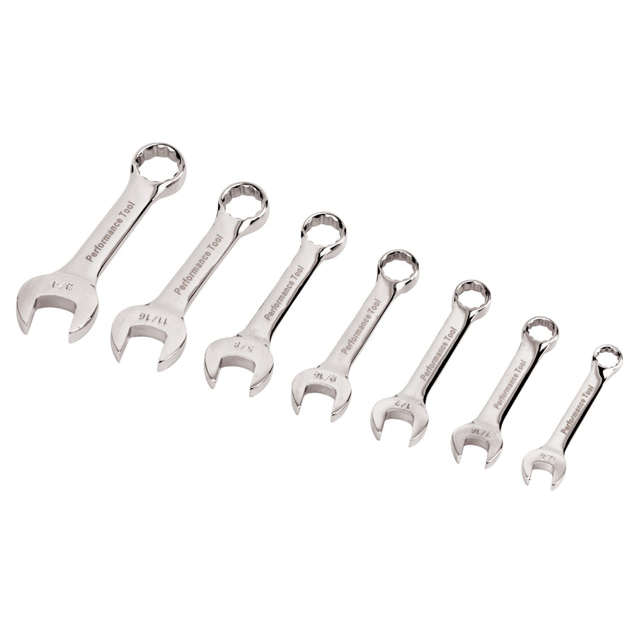 W30507 Performance Tool SAE Full Polish Stubby Wrench, 7-Piece, 1-Pack