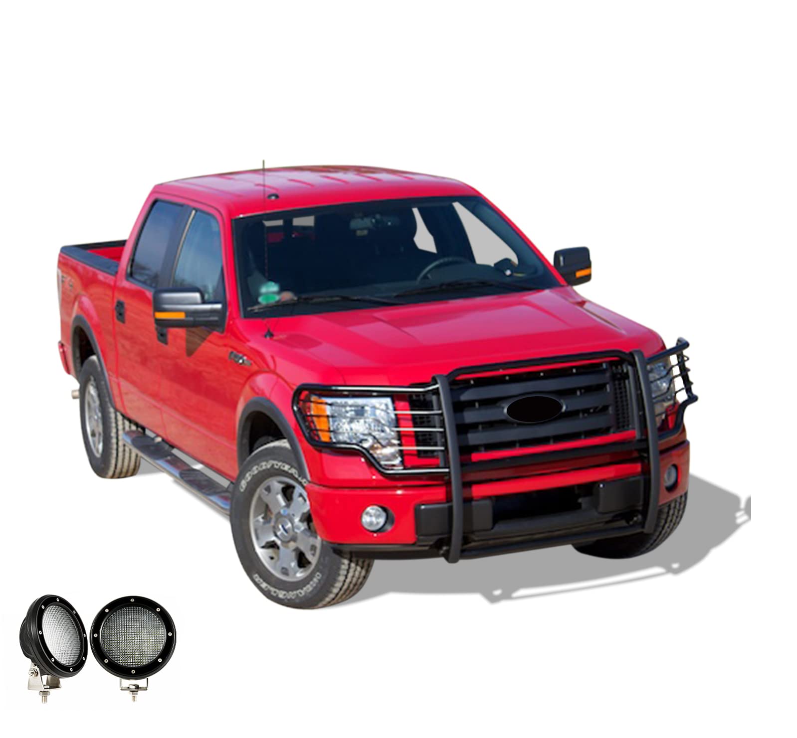 Bumper Guard Modular Black Horse Grille brush Come with Pair of 5.3" Dia.LED Lights with Black Trim Rings Compatible with 2009-2014 Ford F-150-17FP30MA-PLFB