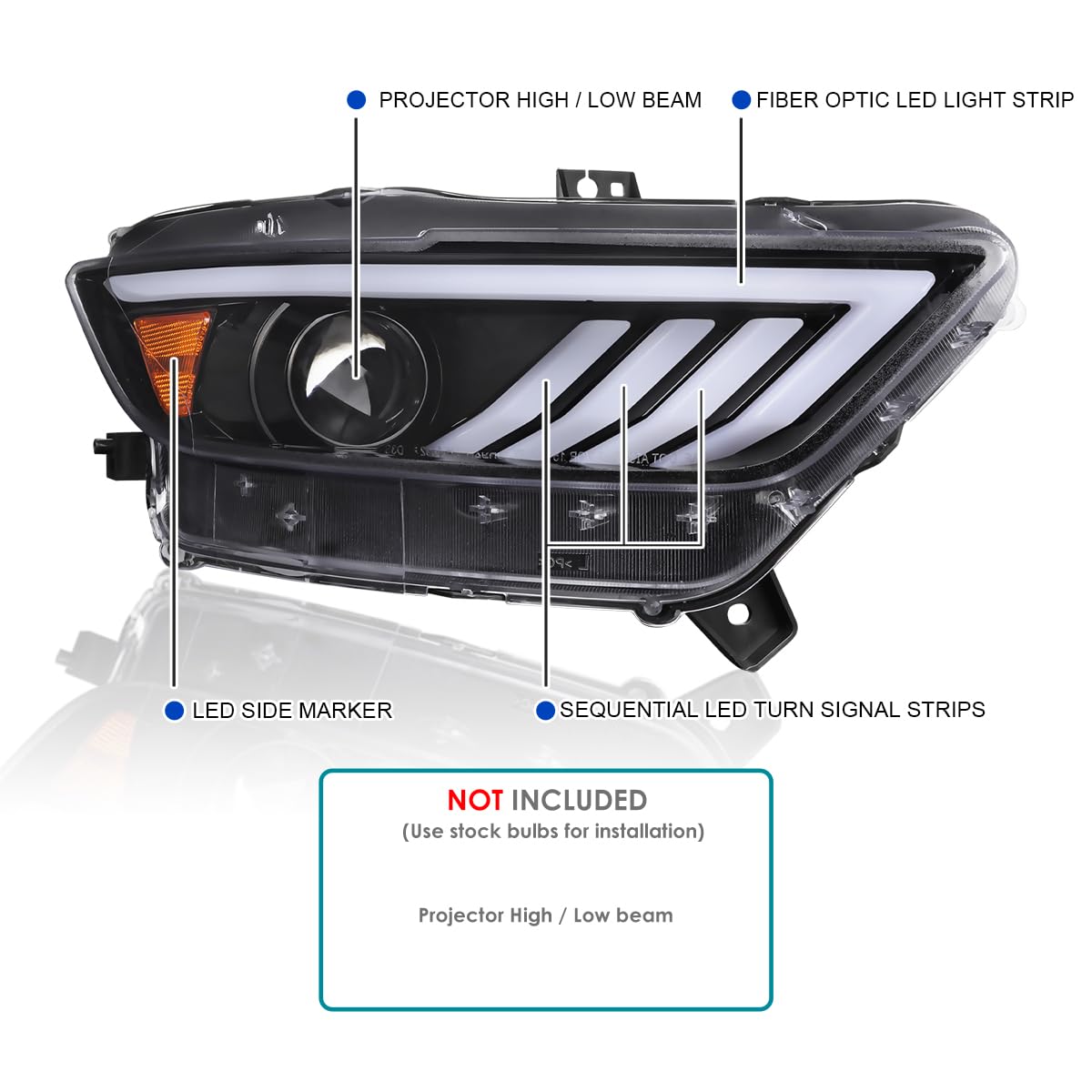 Jet Black SPEC-D TUNING Projector Headlights w/Sequential LED Turn Signal Compatible with 2015-2017 Ford Mustang Coupes w/HID/Xenon, Left + Right Headlamp Assembly