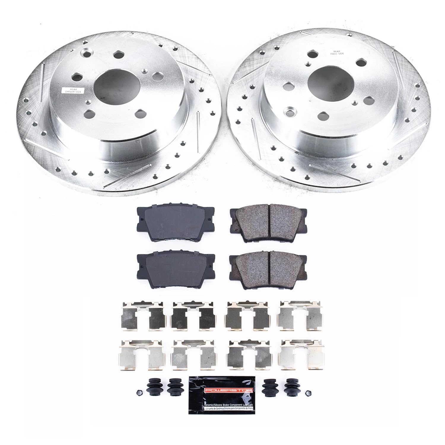 Power Stop K4671 Z23 Carbon Fiber Brake Pads Rear with Drilled and Slotted Brake Rotors Kit For 2010 2011 2012 Lexus HS250h | 2006-2009 2010 2011 2012 2013 2014 2015 2016 2017 2018 Toyota Rav4