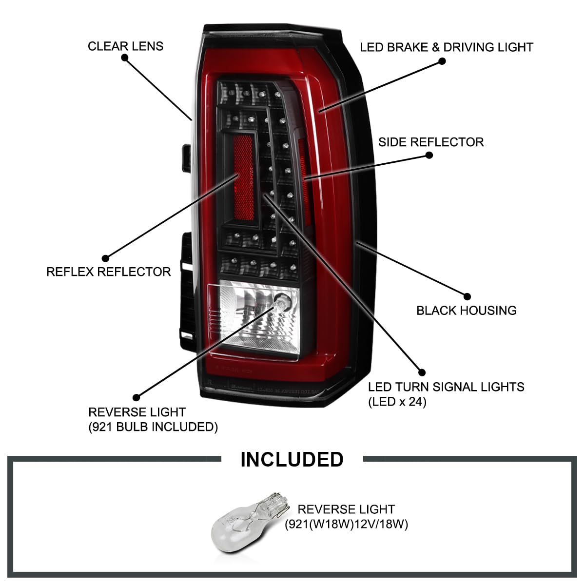 Black LED Tail Lights w/Red LED Light Bar SPEC-D TUNING Compatible with 2015-2020 GMC Yukon Denali SLE SLT, 2015-2020 GMC Yukon XL Denali SLE SLT, Left + Right Pair Assembly