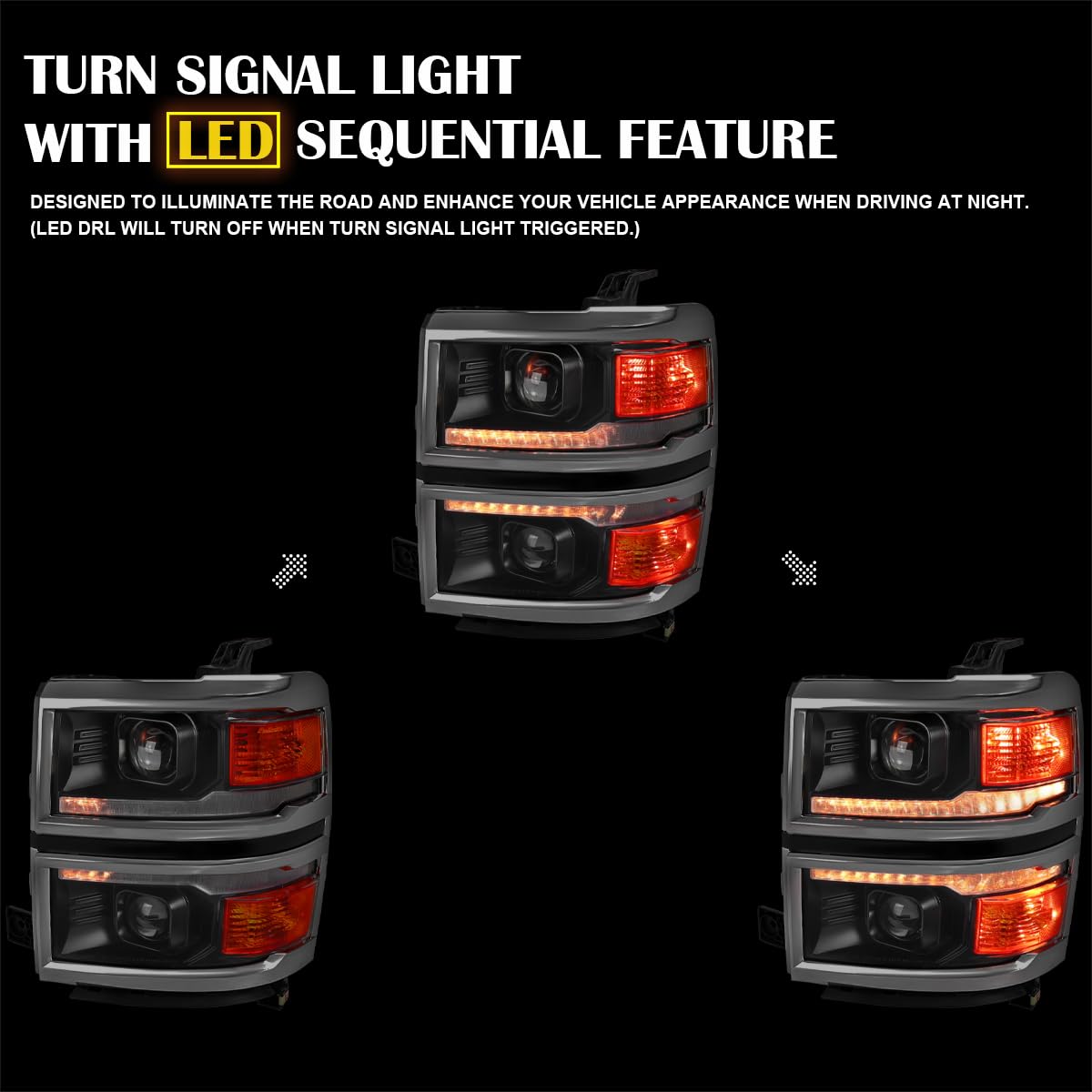 Black w/Silver Trim SPEC-D TUNING Projector Headlights w/Sequential Switchback LED Strip and Startup Animation Compatible with 2014-2015 Chevy Silverado 1500, Left + Right Pair Headlamps Assembly