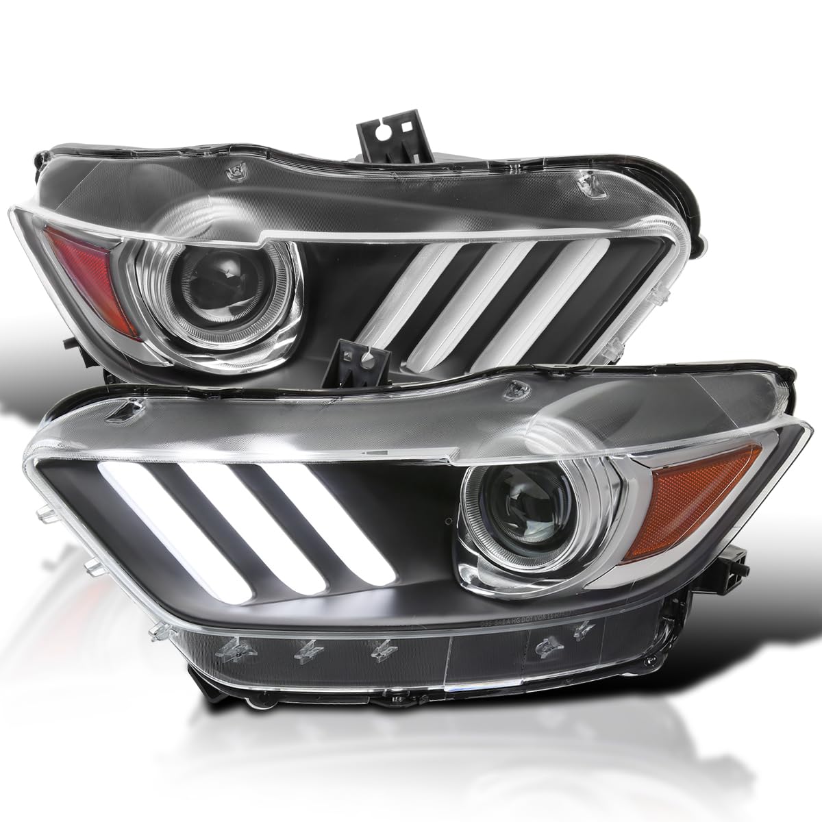 Black Projector Headlights SPEC-D TUNING w/LED Sequential Switchback Turn Signal Strips and Startup Animation Compatible with 2015-2020 Ford Mustang, Left + Right Pair Headlamps Assembly