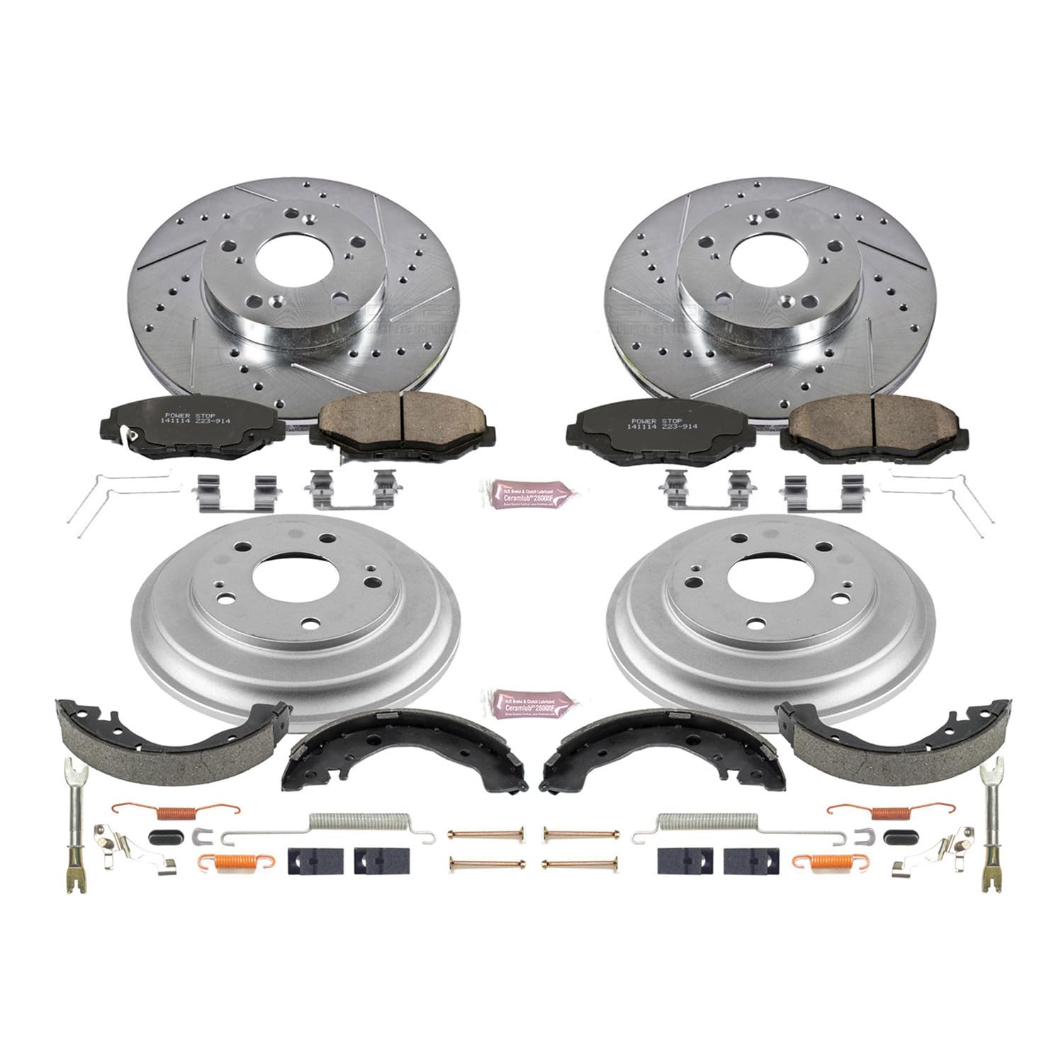 Power Stop K15243DK Z23 Carbon Fiber Brake Pads Front and Rear with Drilled & Slotted Brake Drums Kit For Honda Civic 2013-2015 [Model Specific]