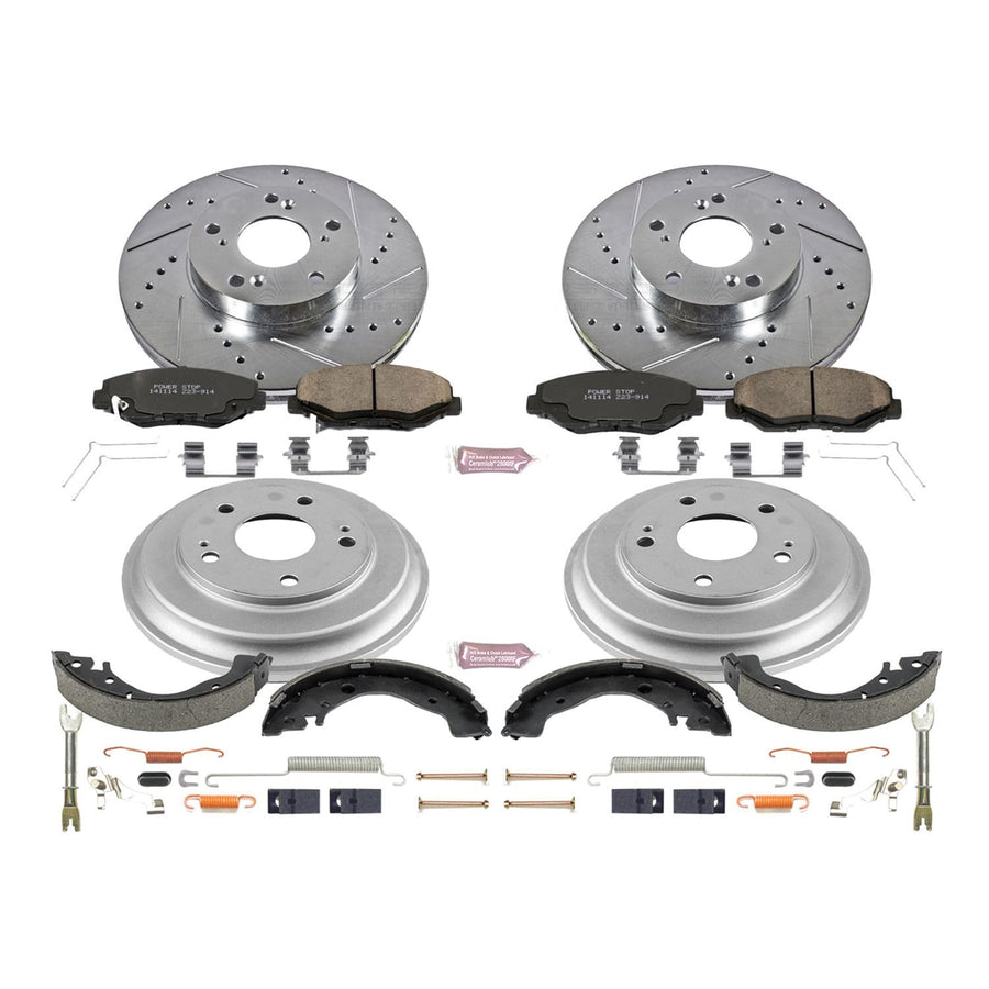 Power Stop K15243DK Z23 Carbon Fiber Brake Pads Front and Rear with Drilled & Slotted Brake Drums Kit For Honda Civic 2013-2015 [Model Specific]